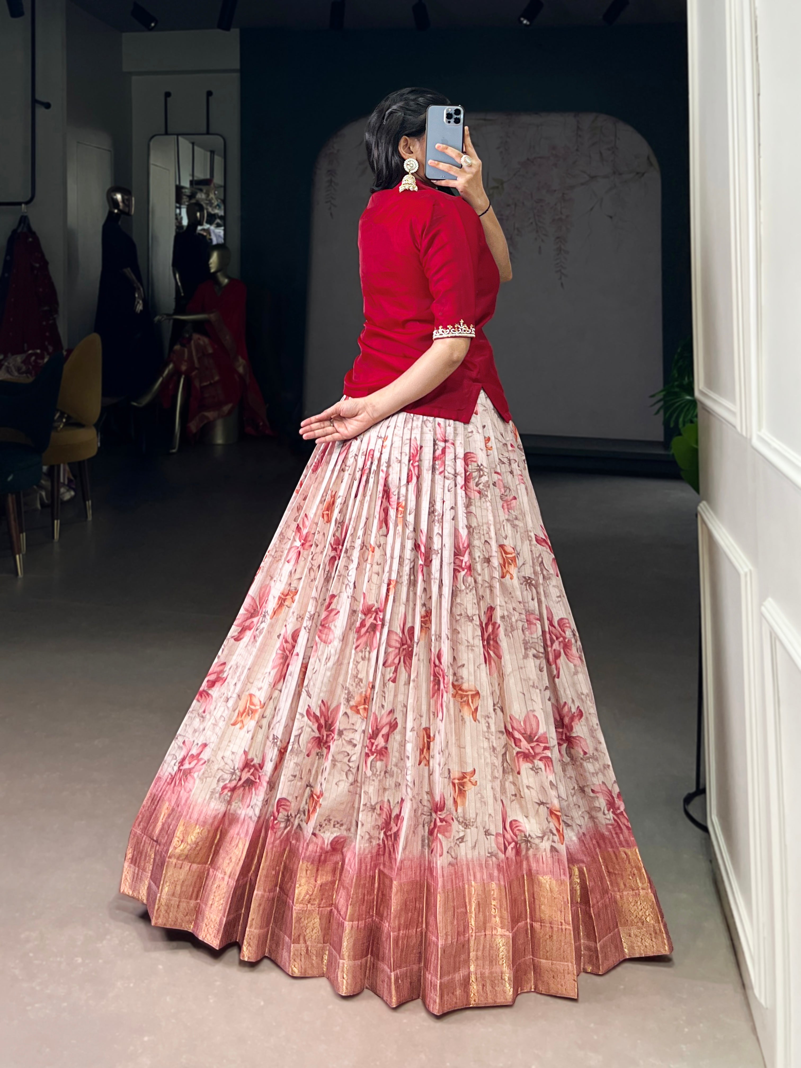 Diti red Dola chex floral printed zari weaving co-ord set lehenga