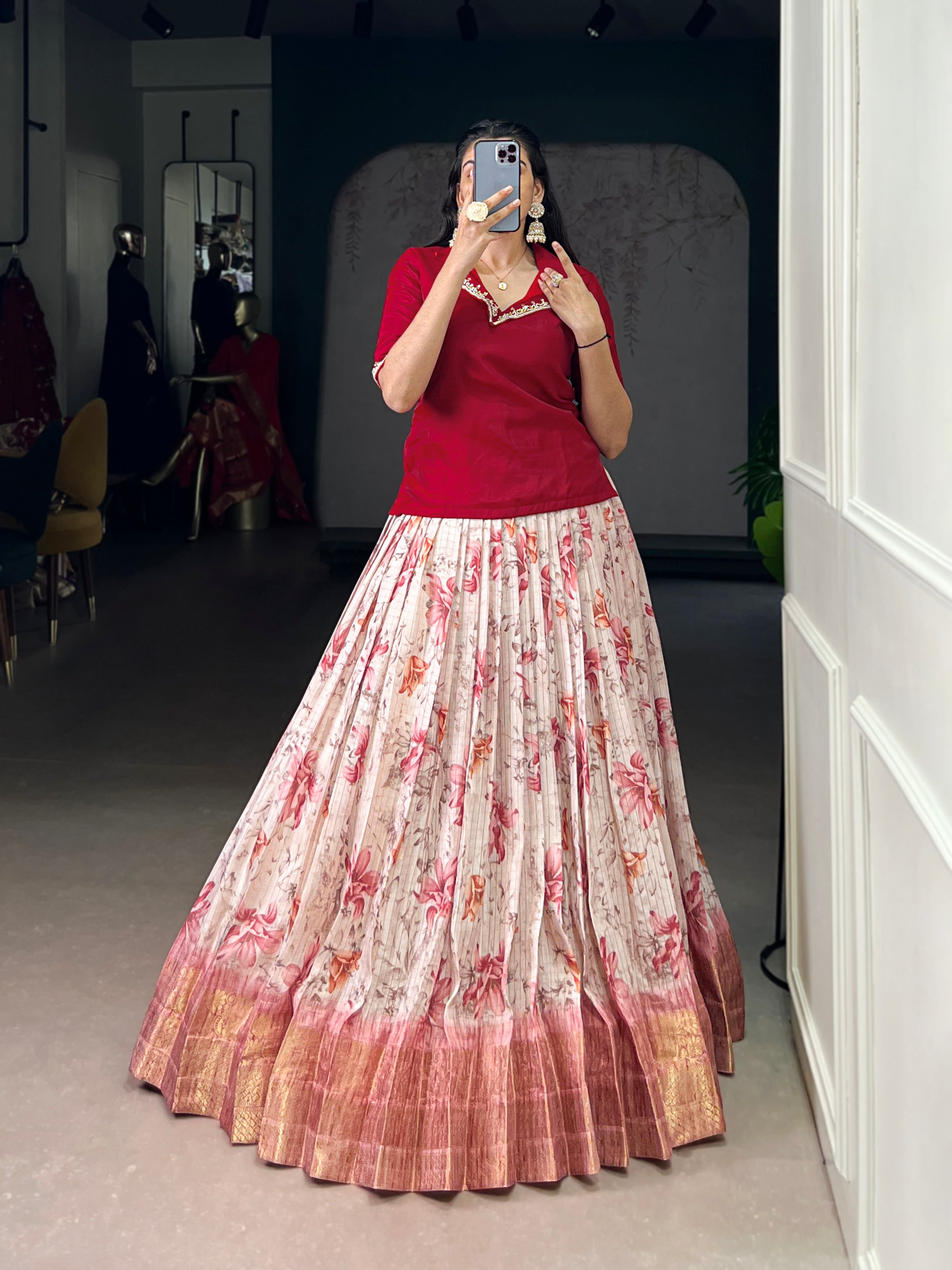Diti red Dola chex floral printed zari weaving co-ord set lehenga