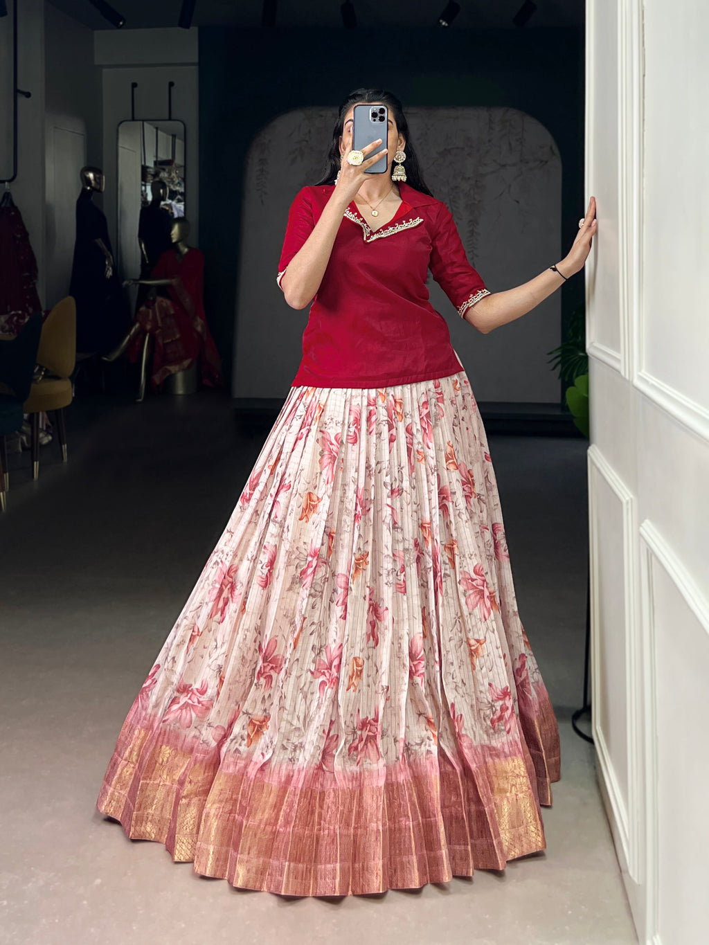 Diti red Dola chex floral printed zari weaving co-ord set lehenga