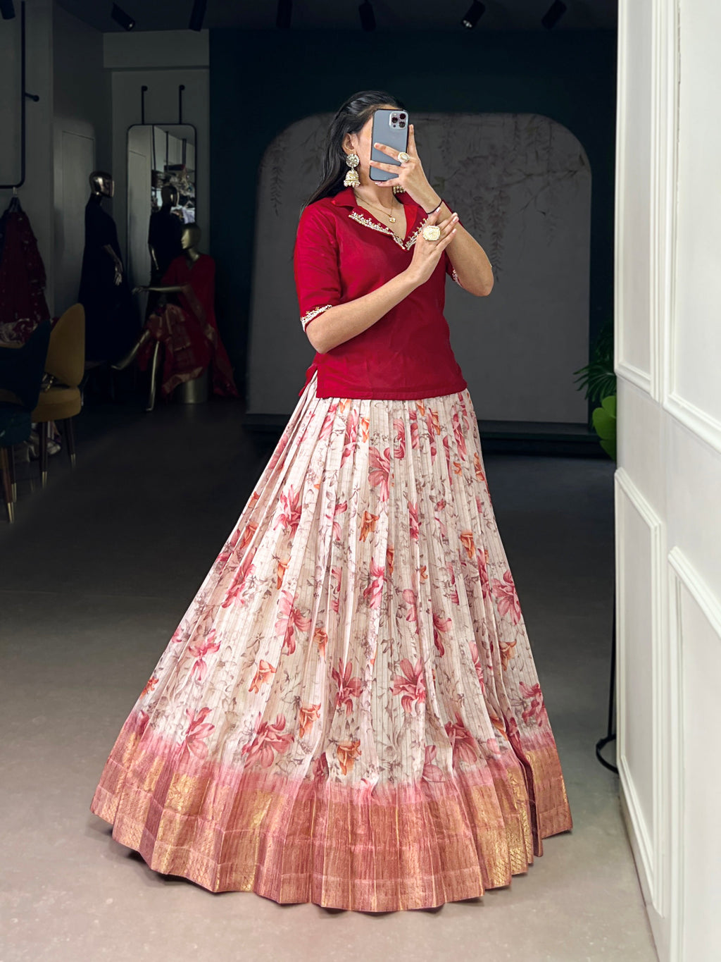 Diti red Dola chex floral printed zari weaving co-ord set lehenga
