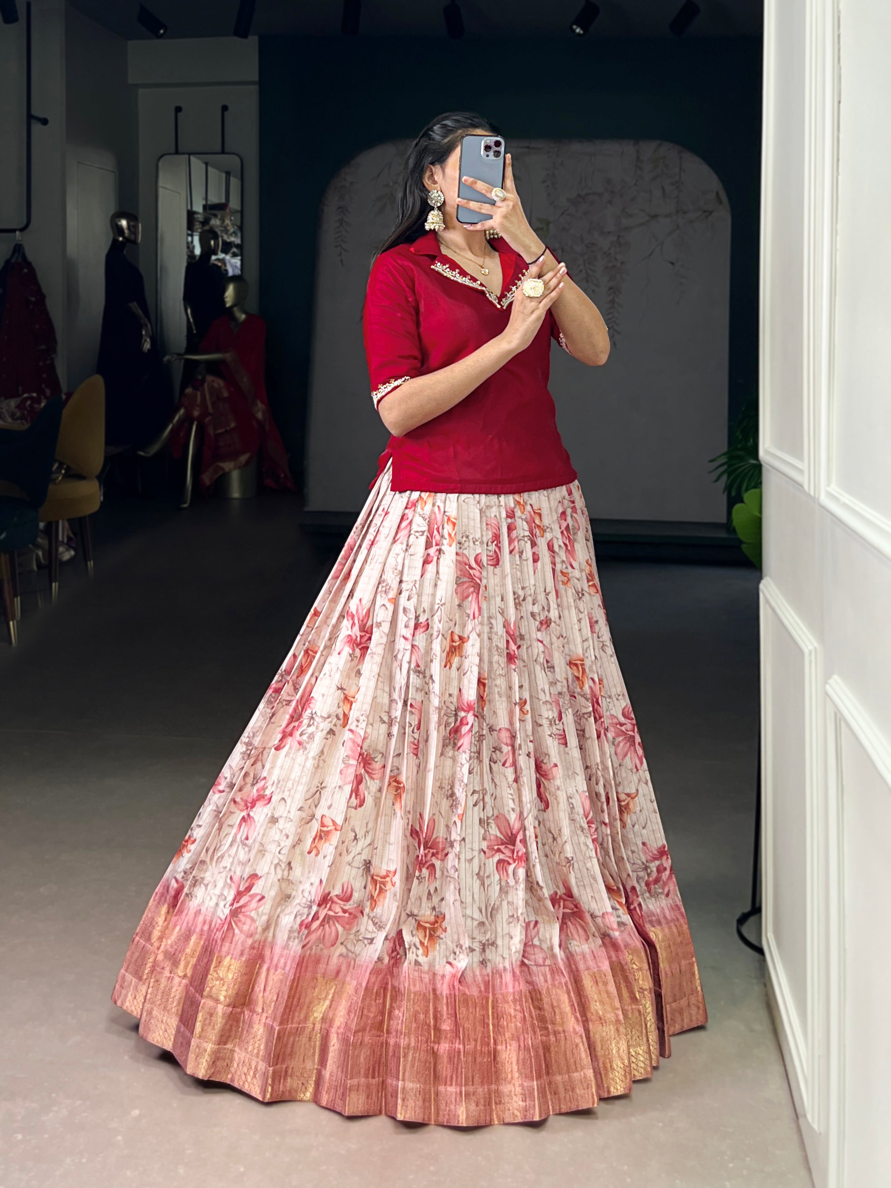 Diti red Dola chex floral printed zari weaving co-ord set lehenga