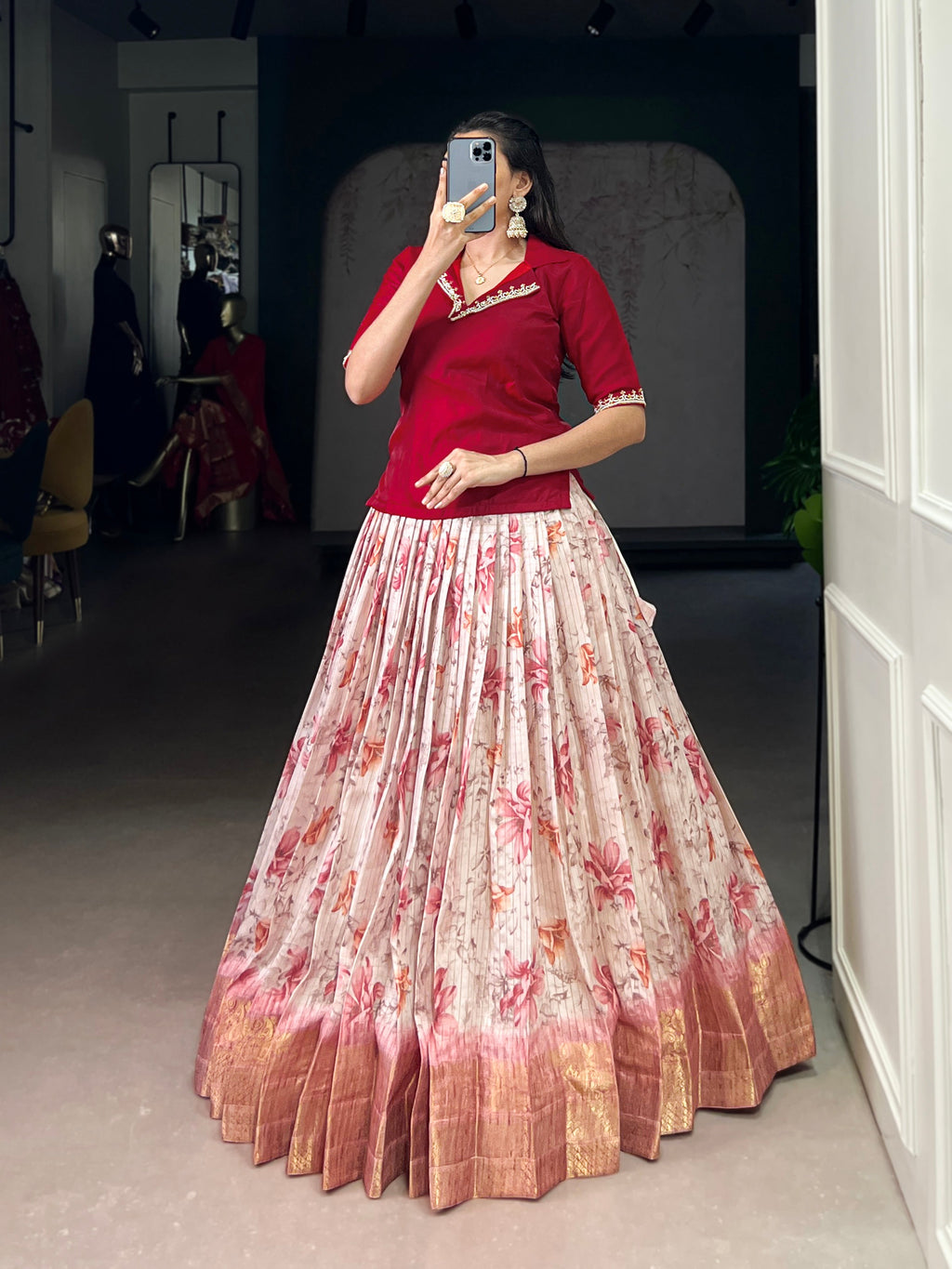 Diti red Dola chex floral printed zari weaving co-ord set lehenga