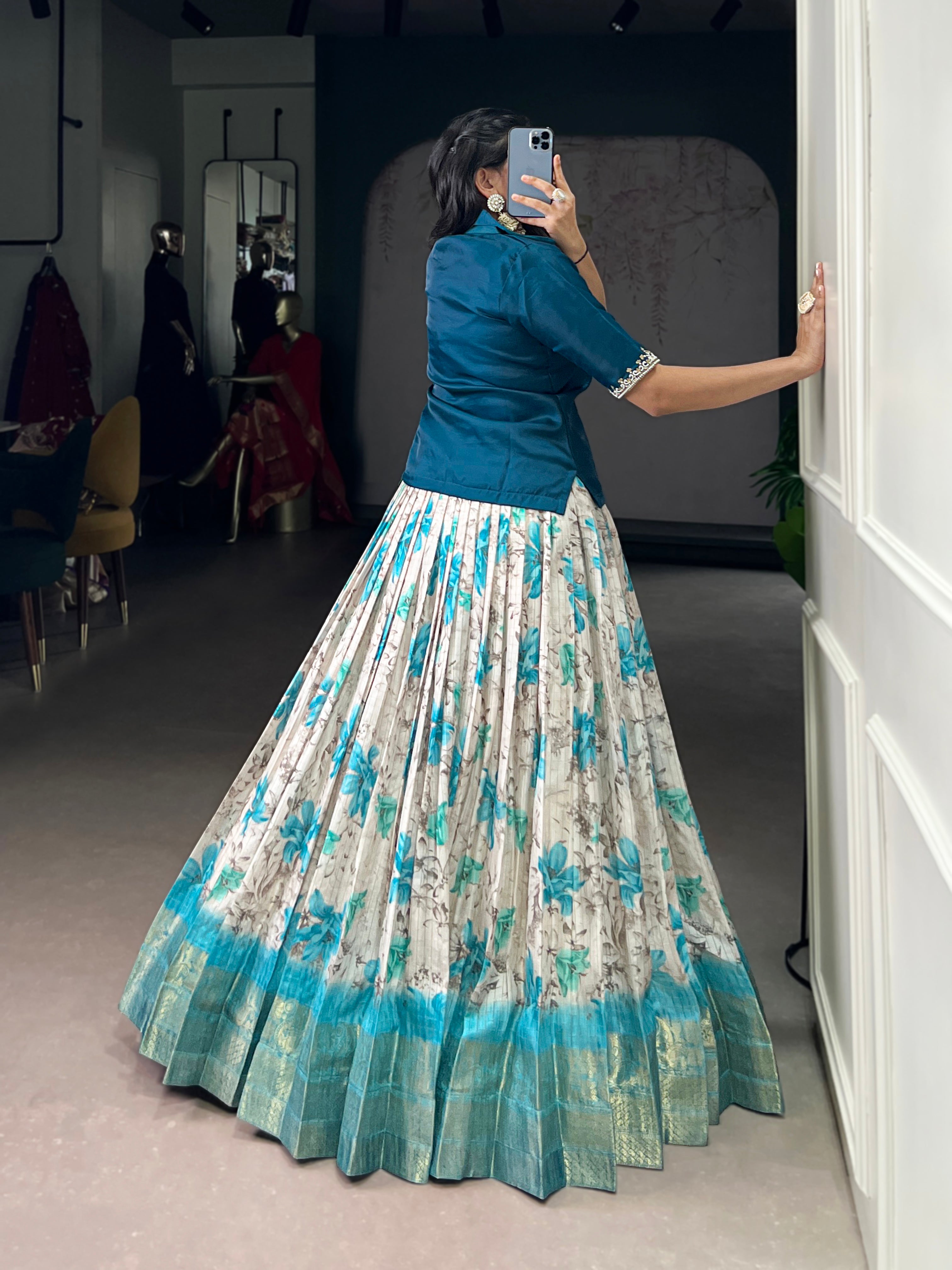 Diti teal blue Dola chex floral printed zari weaving co-ord set lehenga