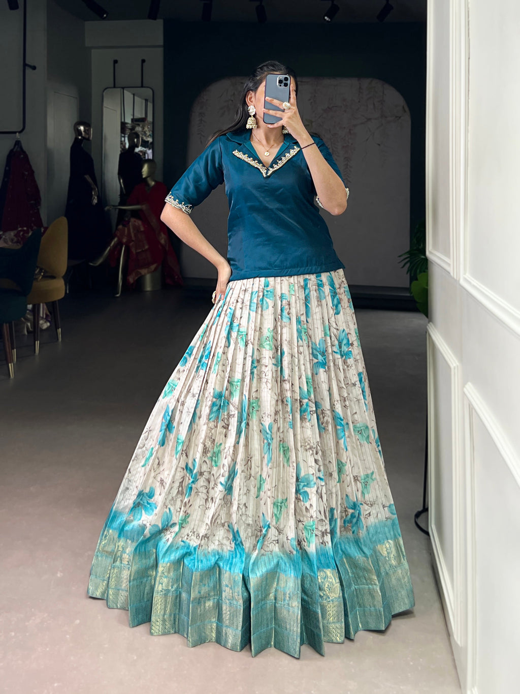 Diti teal blue Dola chex floral printed zari weaving co-ord set lehenga
