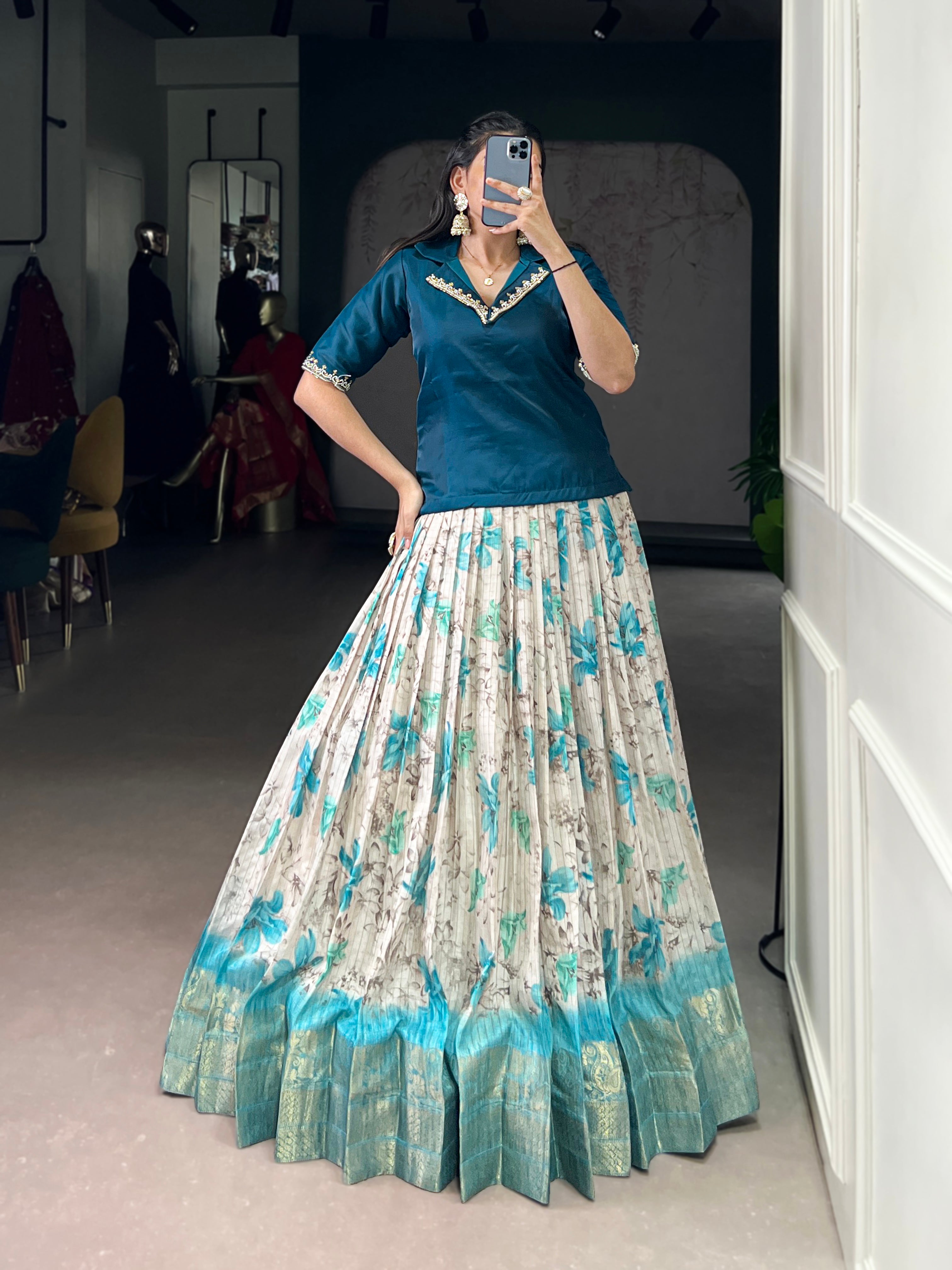 Diti teal blue Dola chex floral printed zari weaving co-ord set lehenga