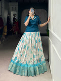 Diti teal blue Dola chex floral printed zari weaving co-ord set lehenga