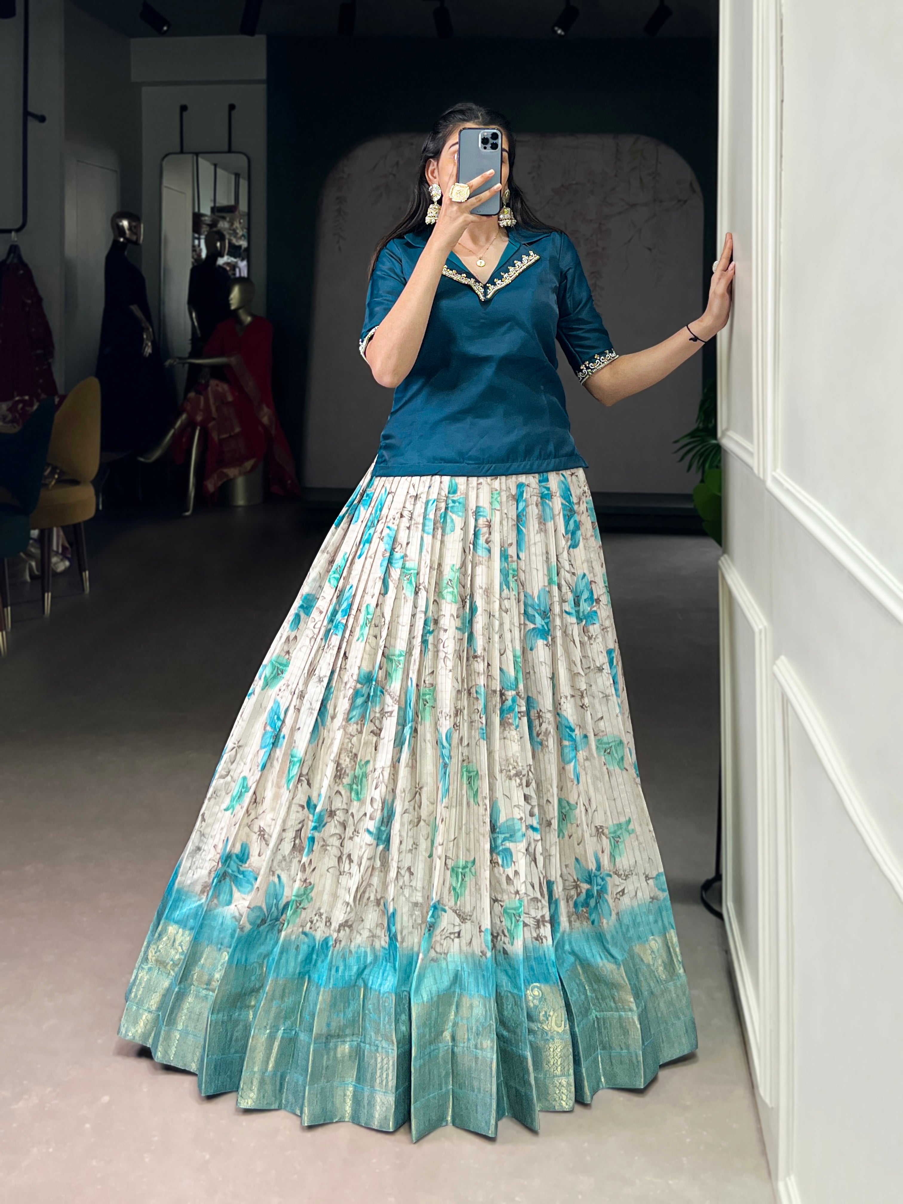 Diti teal blue Dola chex floral printed zari weaving co-ord set lehenga