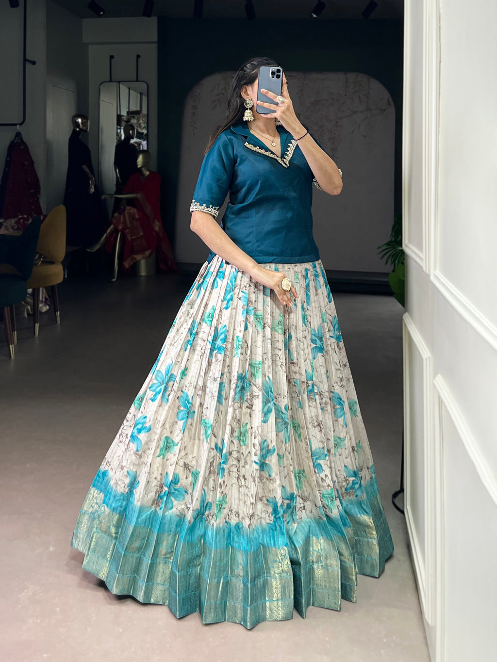 Diti teal blue Dola chex floral printed zari weaving co-ord set lehenga