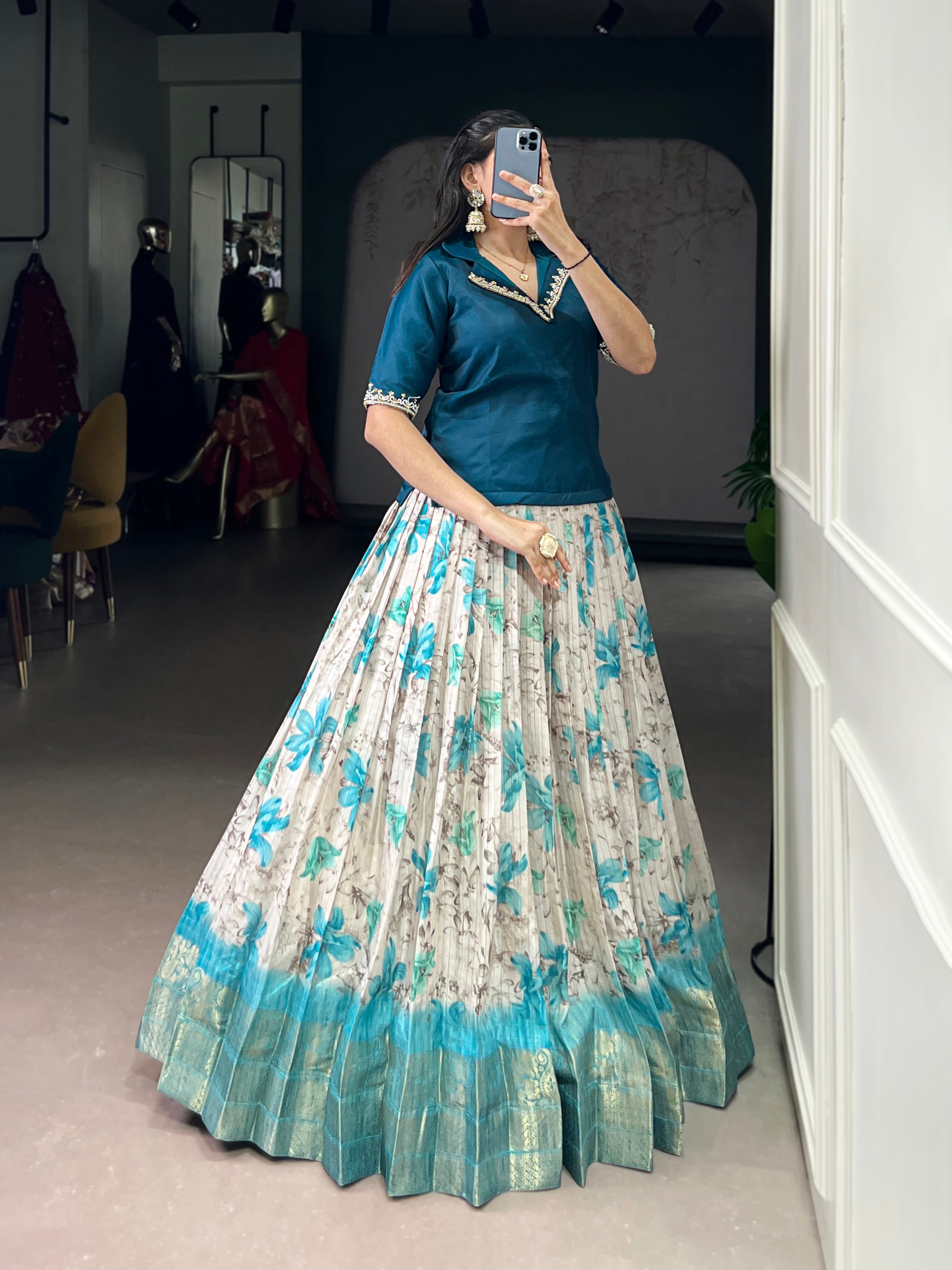 Diti teal blue Dola chex floral printed zari weaving co-ord set lehenga
