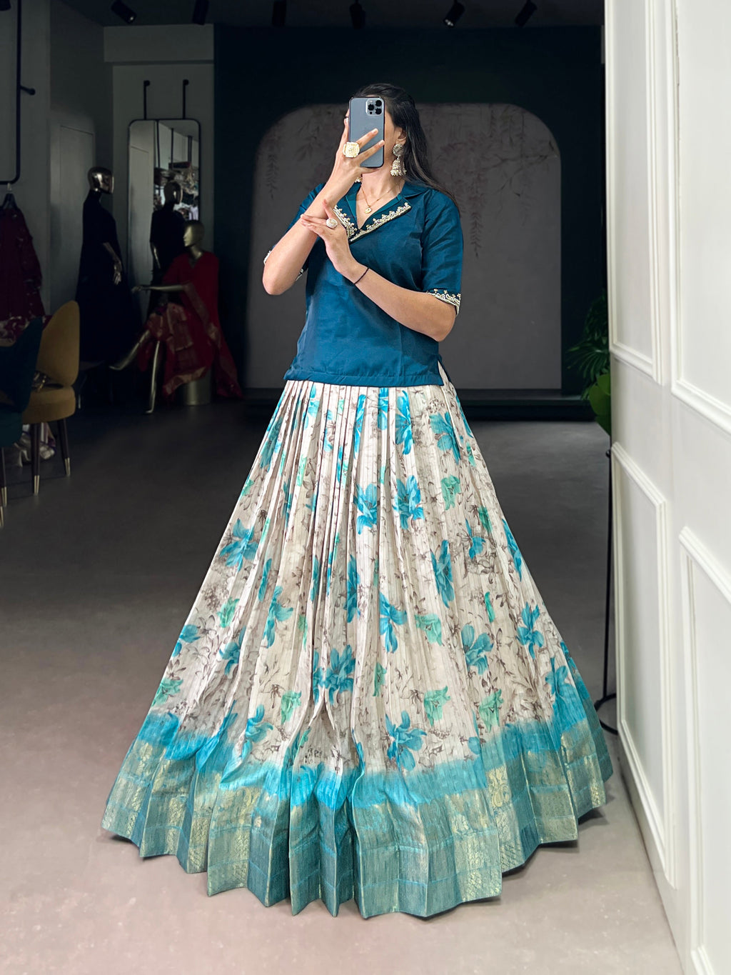 Diti teal blue Dola chex floral printed zari weaving co-ord set lehenga