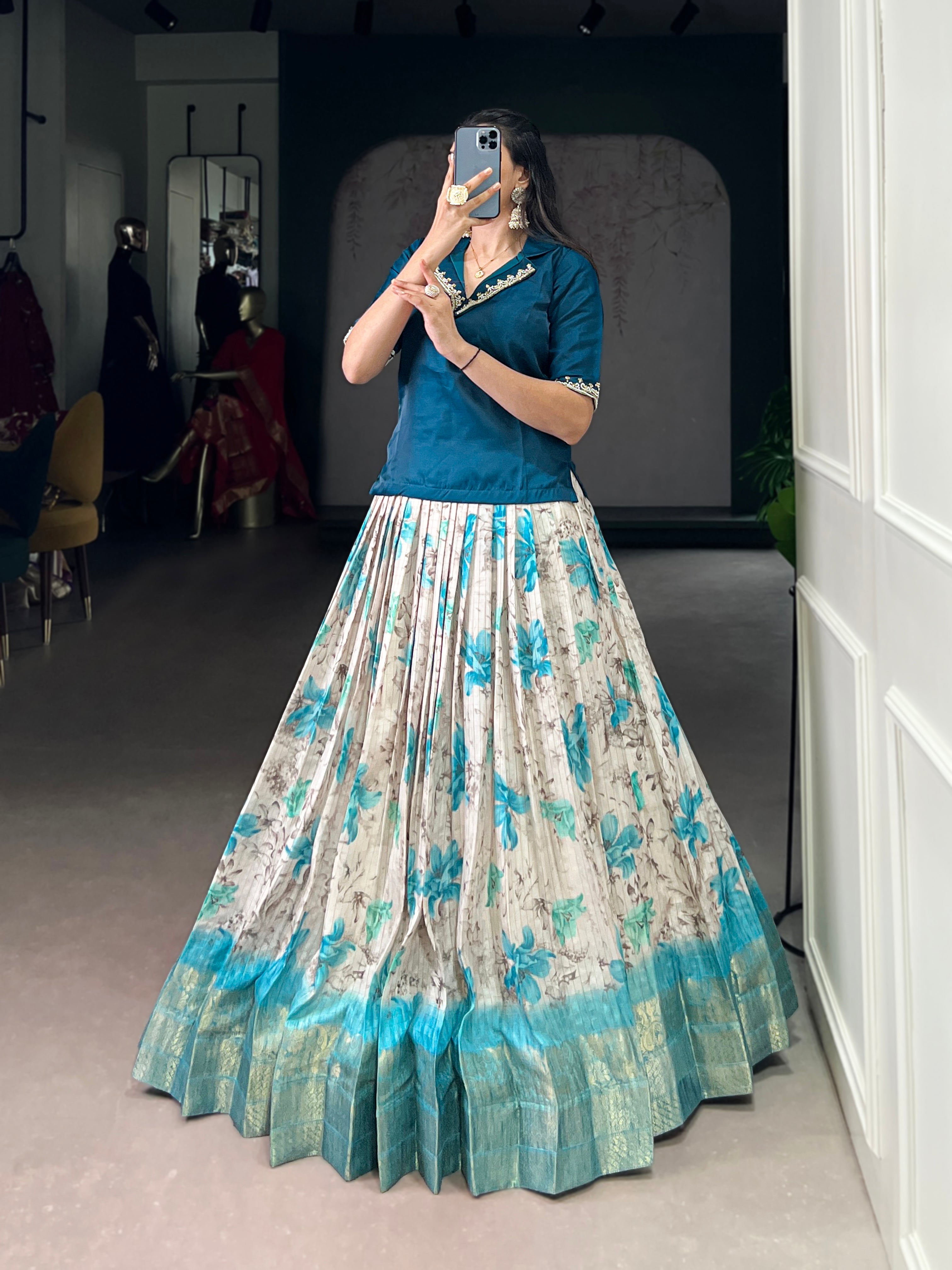 Diti teal blue Dola chex floral printed zari weaving co-ord set lehenga