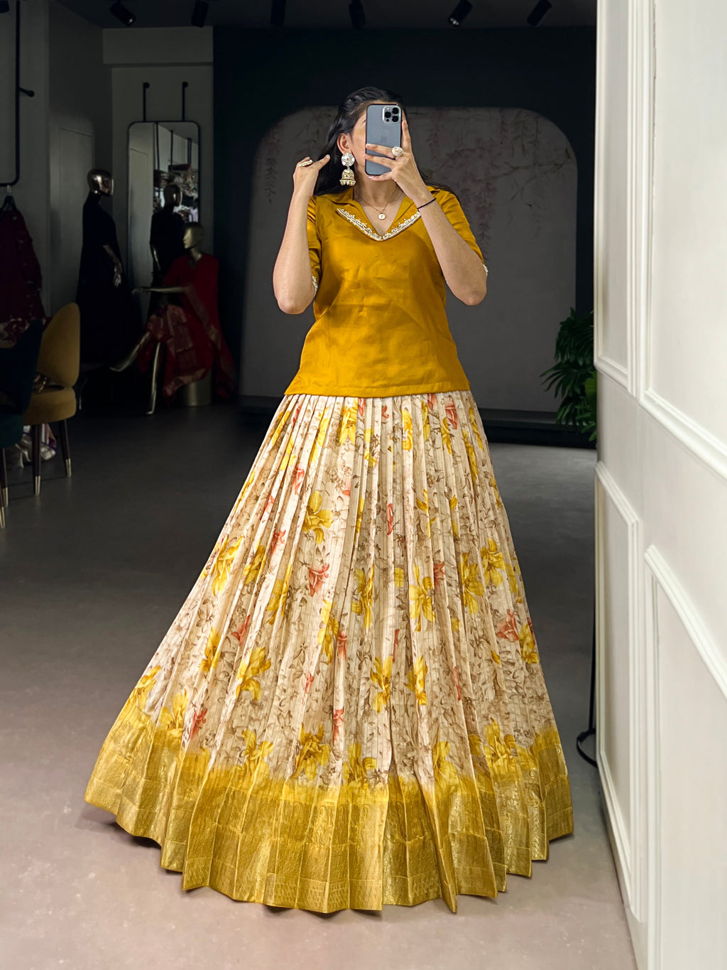 Diti yellow dola chex floral printed zari weaving co-ord set lehenga