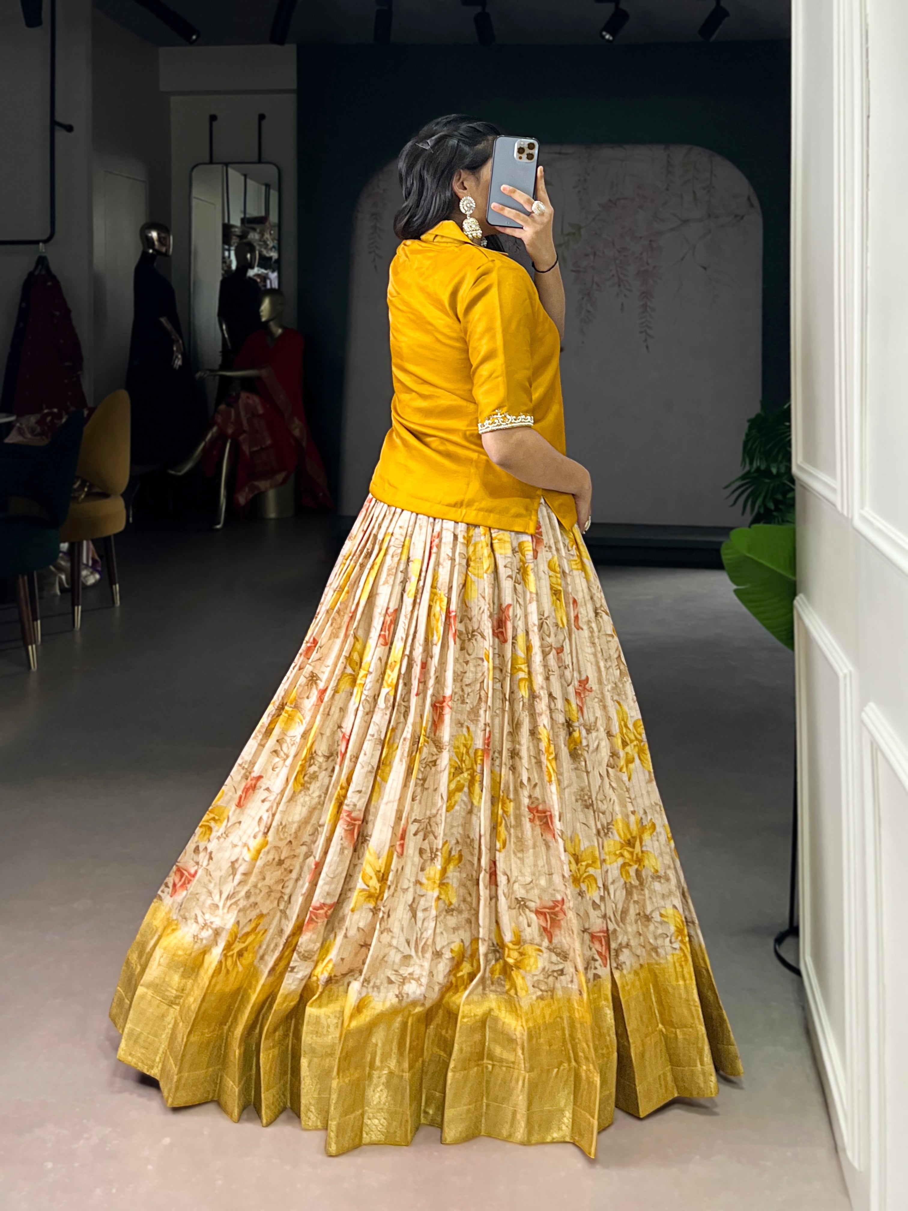 Diti yellow dola chex floral printed zari weaving co-ord set lehenga