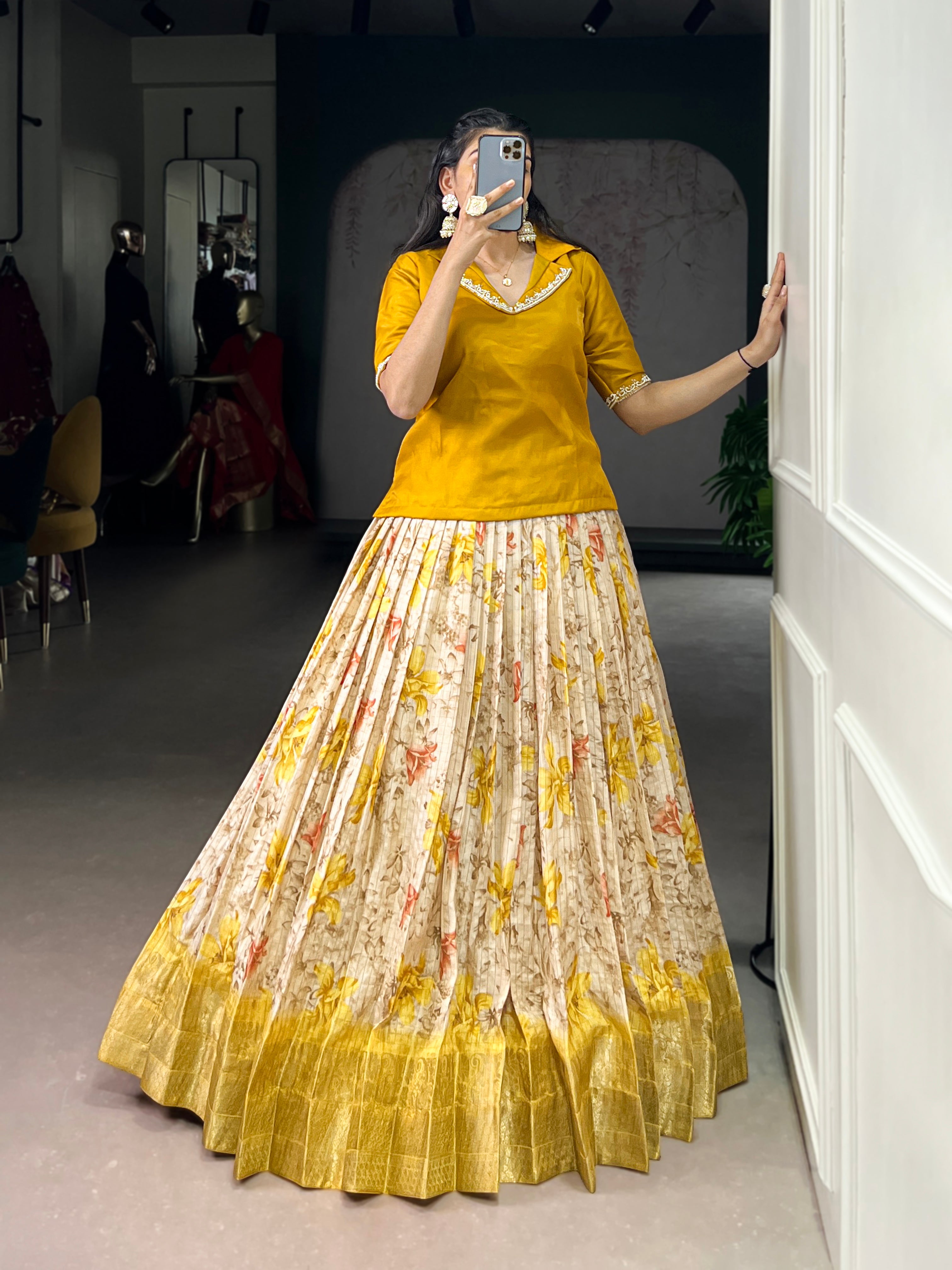 Diti yellow dola chex floral printed zari weaving co-ord set lehenga