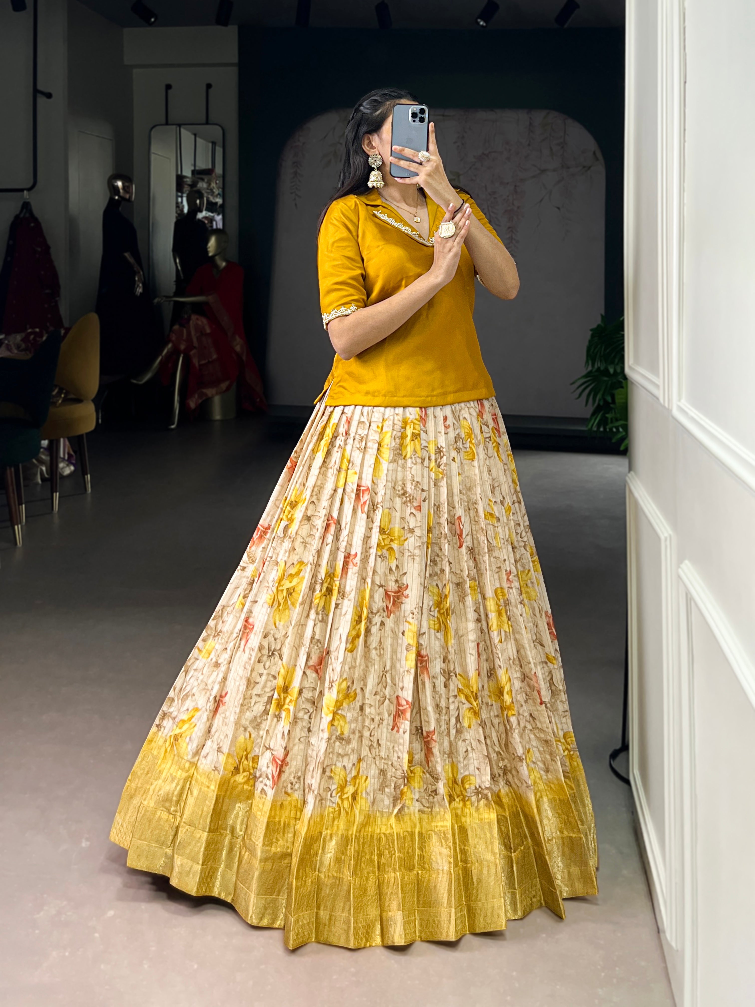 Diti yellow dola chex floral printed zari weaving co-ord set lehenga