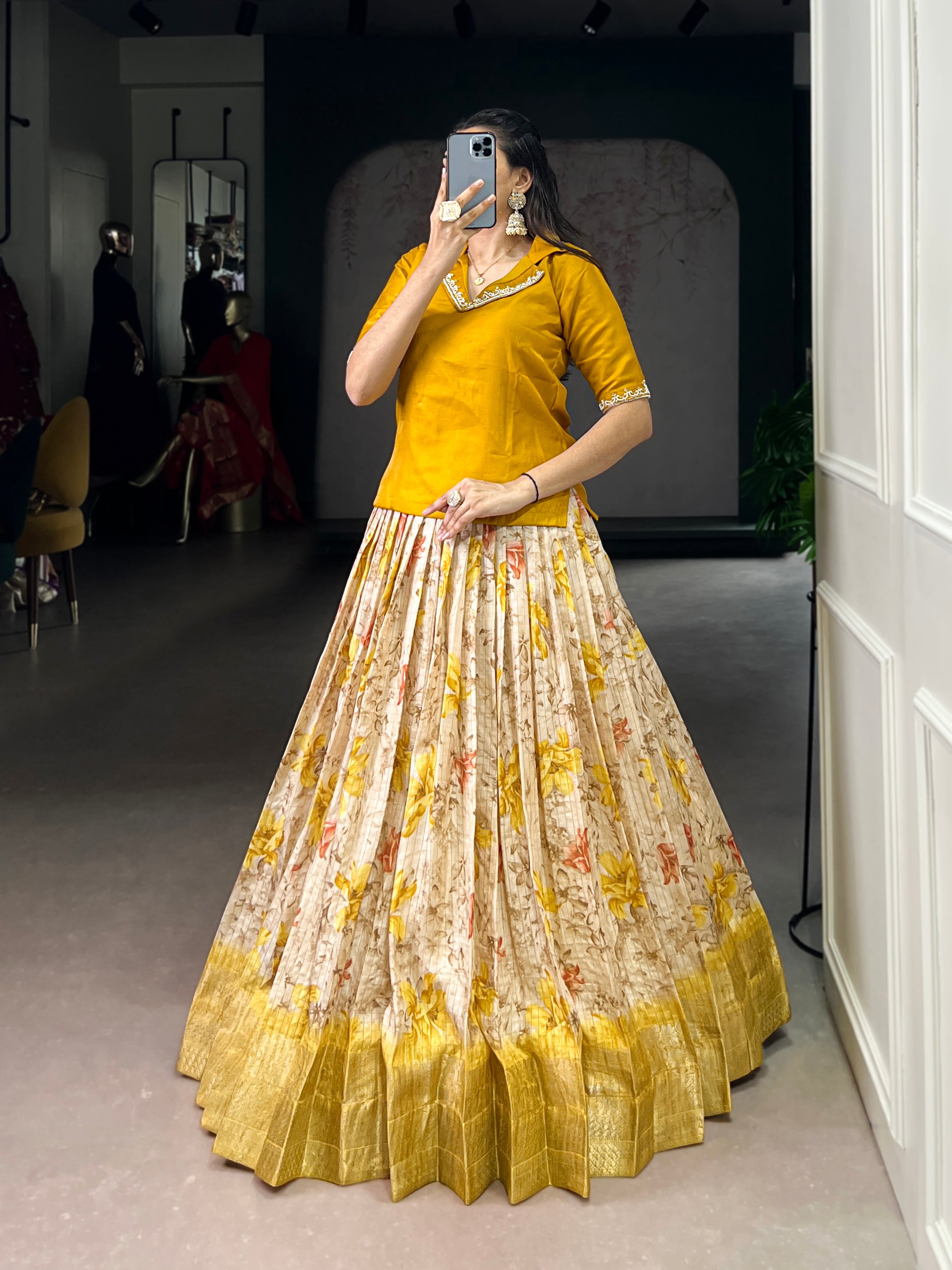 Diti yellow dola chex floral printed zari weaving co-ord set lehenga