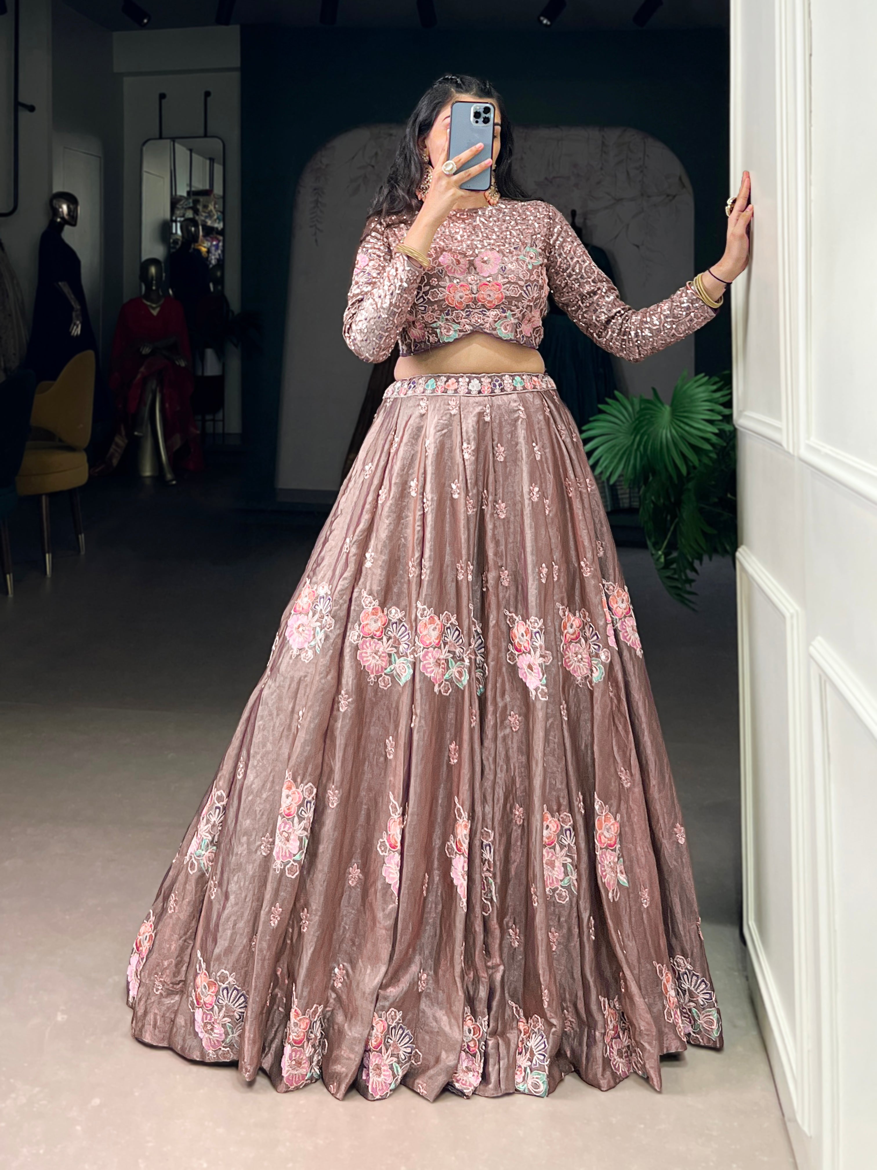 Anya brown Fendi sequins embroidery co-ord lehenga set