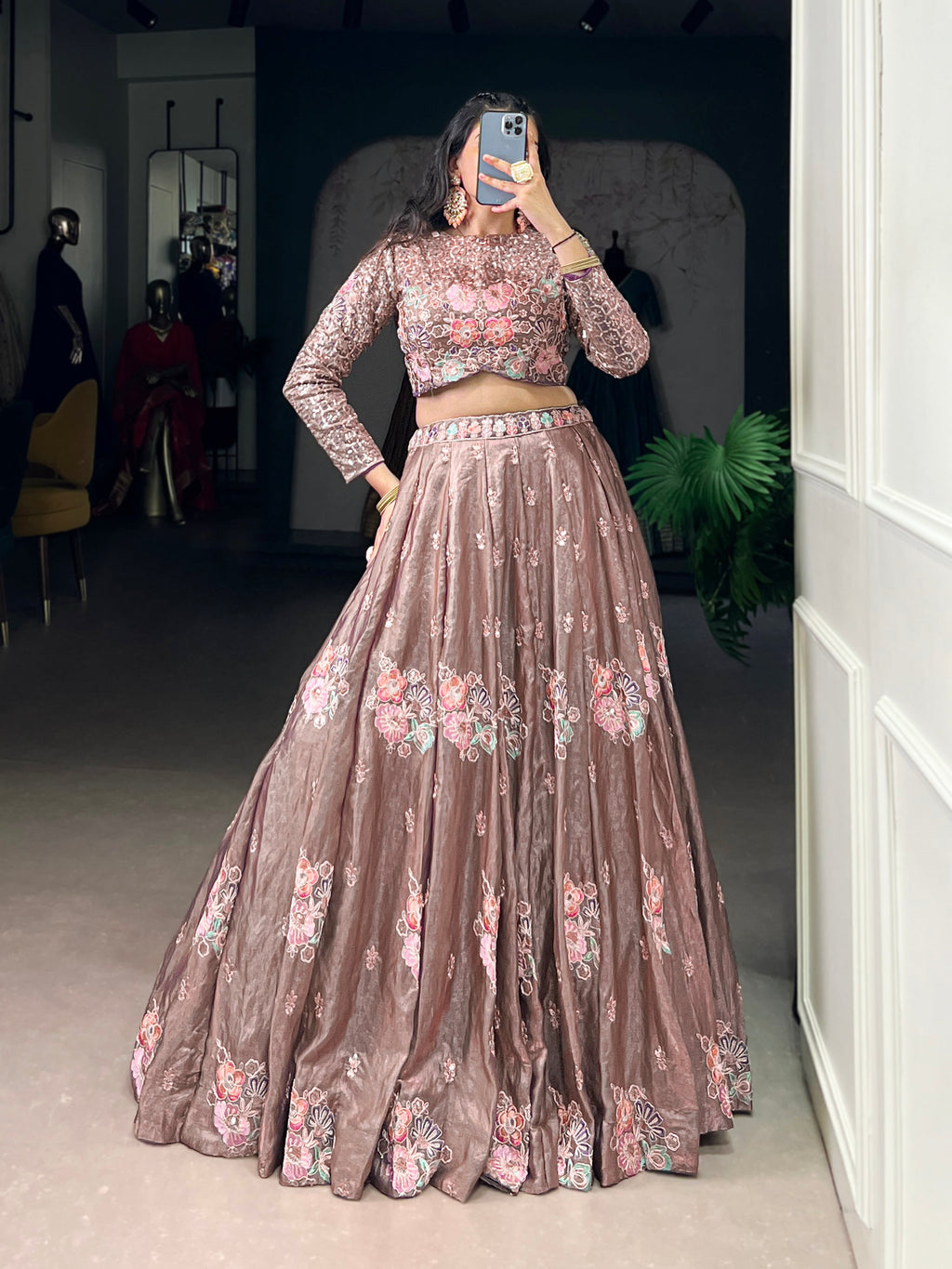 Anya brown Fendi sequins embroidery co-ord lehenga set