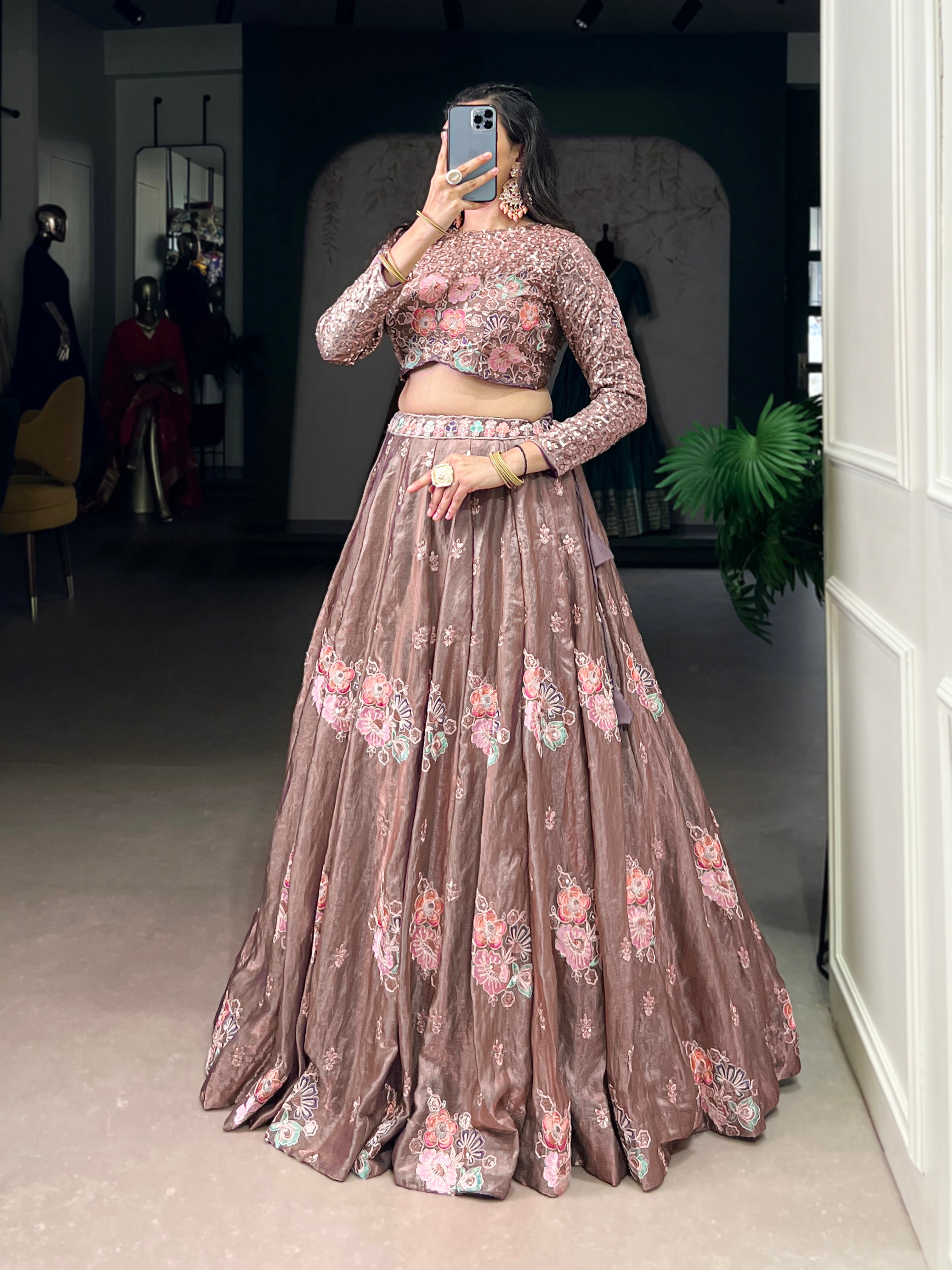 Anya brown Fendi sequins embroidery co-ord lehenga set