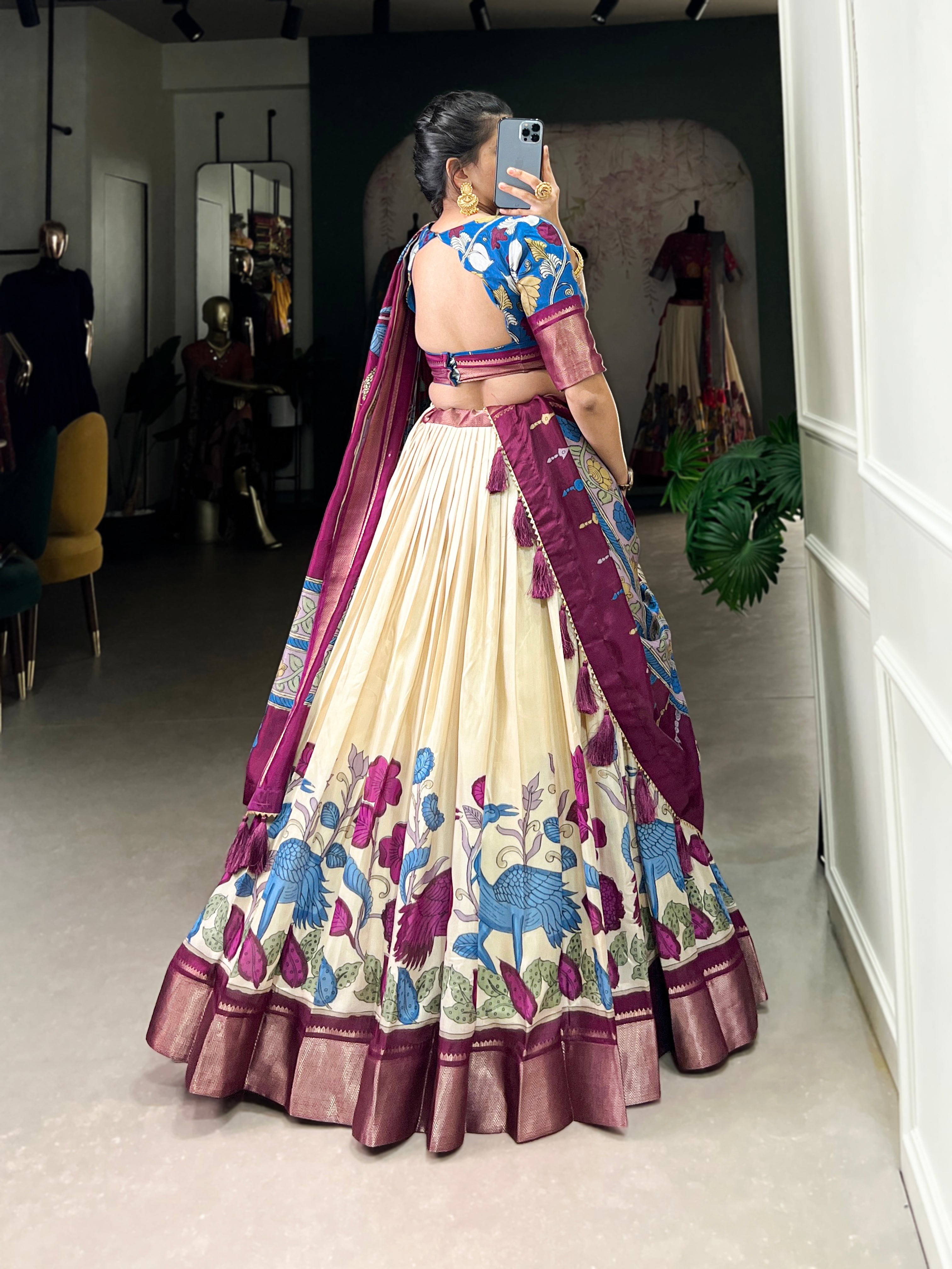 Off-white dola silk Kalamkari printed lehenga choli with zari weaving dupatta