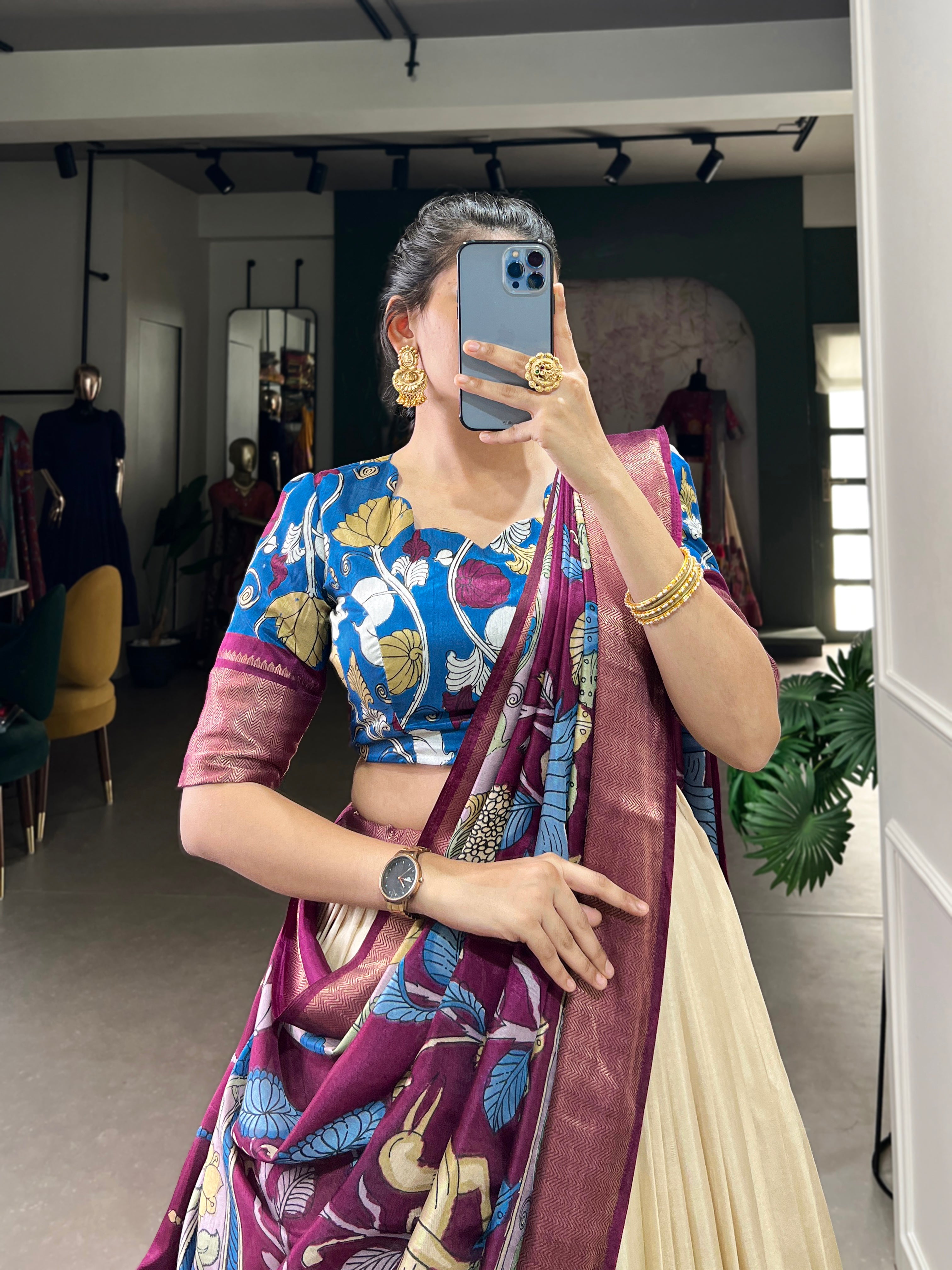 Off-white dola silk Kalamkari printed lehenga choli with zari weaving dupatta