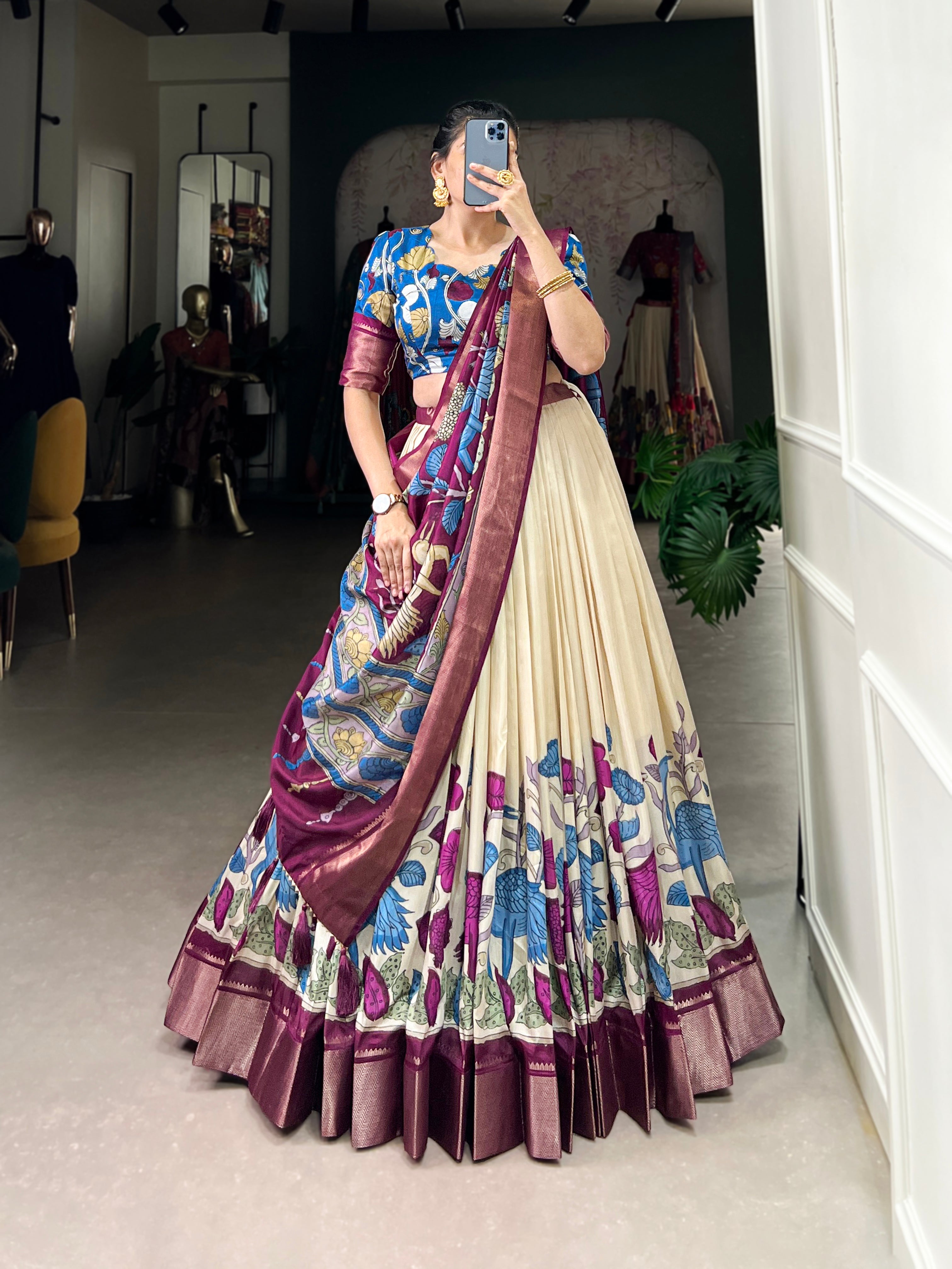 Off-white dola silk Kalamkari printed lehenga choli with zari weaving dupatta
