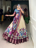 Off-white dola silk Kalamkari printed lehenga choli with zari weaving dupatta