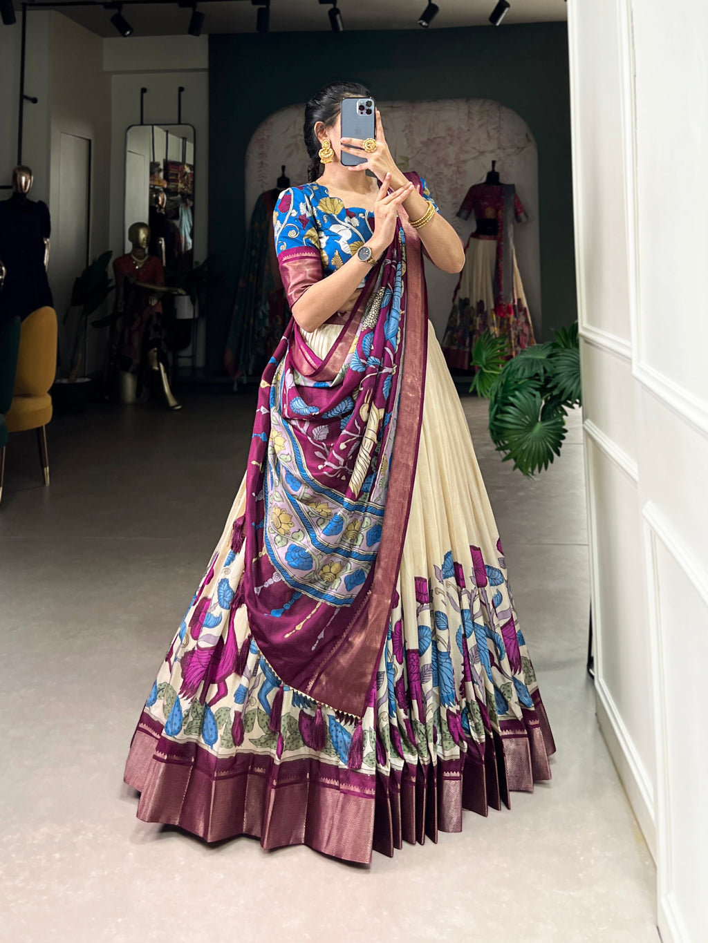 Off-white dola silk Kalamkari printed lehenga choli with zari weaving dupatta