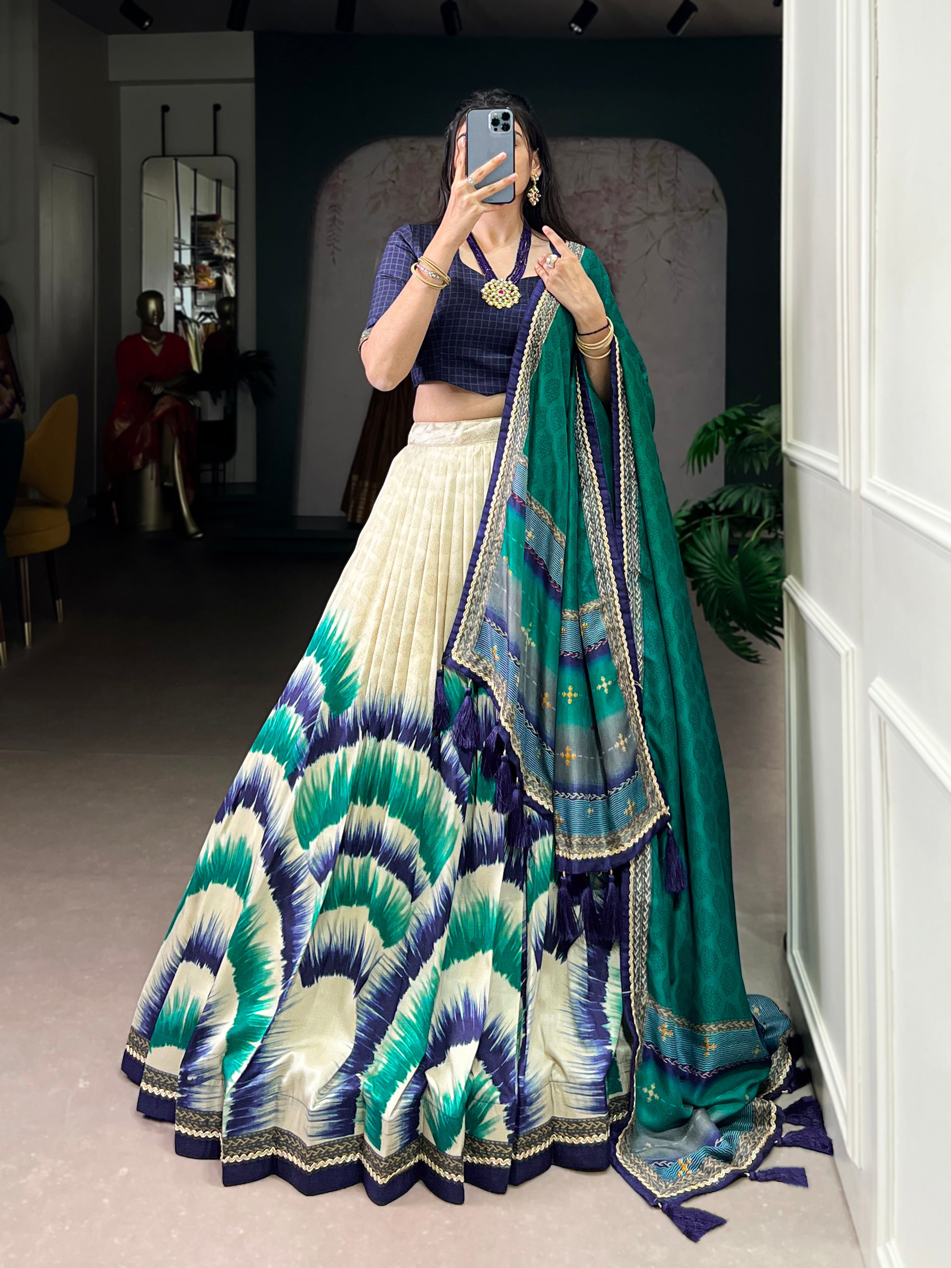 Siri navy blue Tasar silk dye printed lehenga choli with dupatta