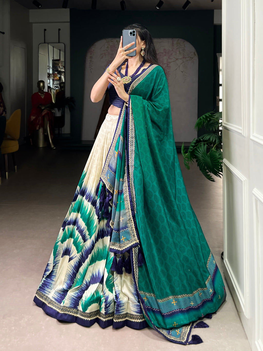 Siri navy blue Tasar silk dye printed lehenga choli with dupatta
