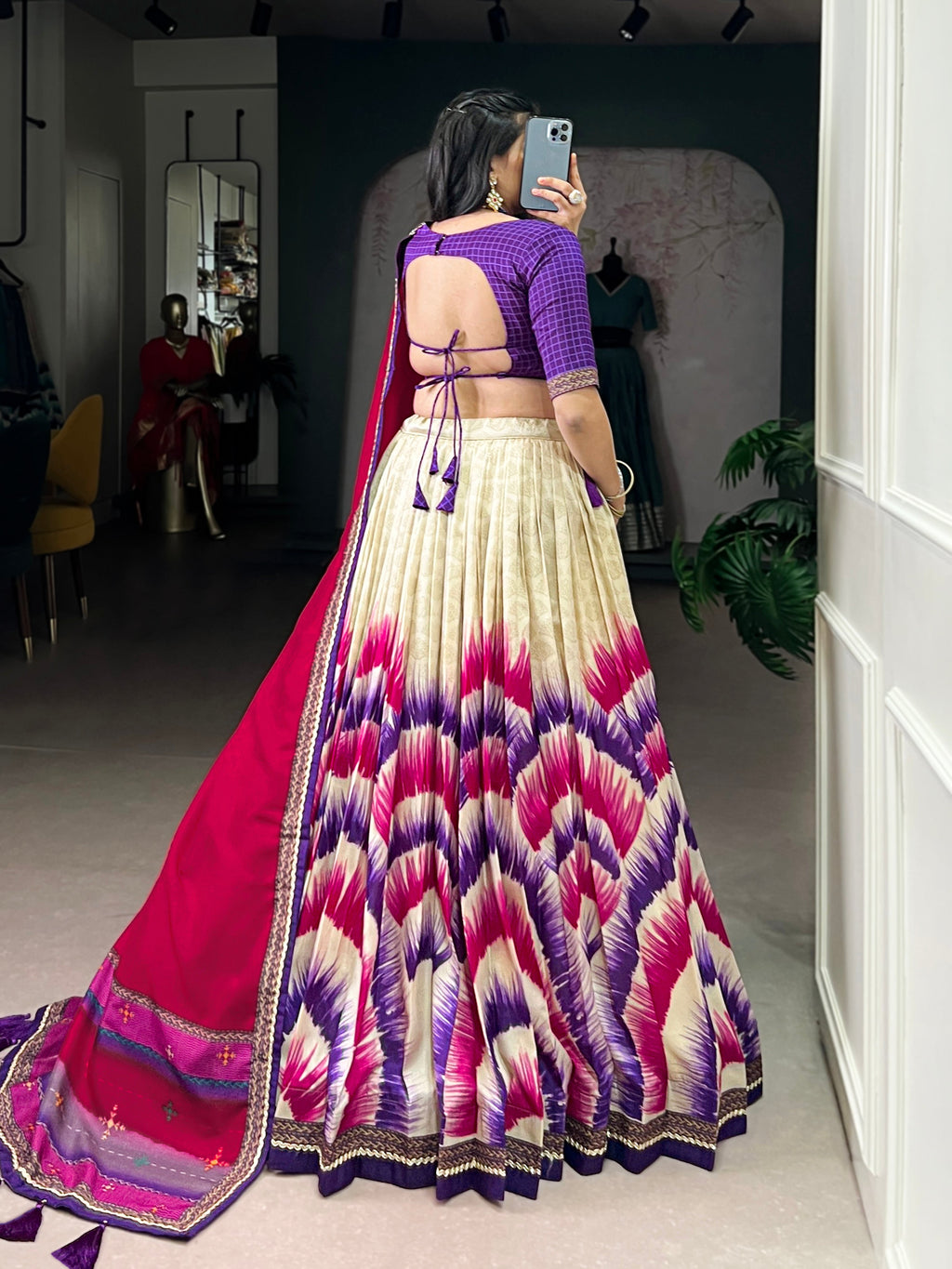 Siri purple Tasar silk dye printed lehenga choli with dupatta