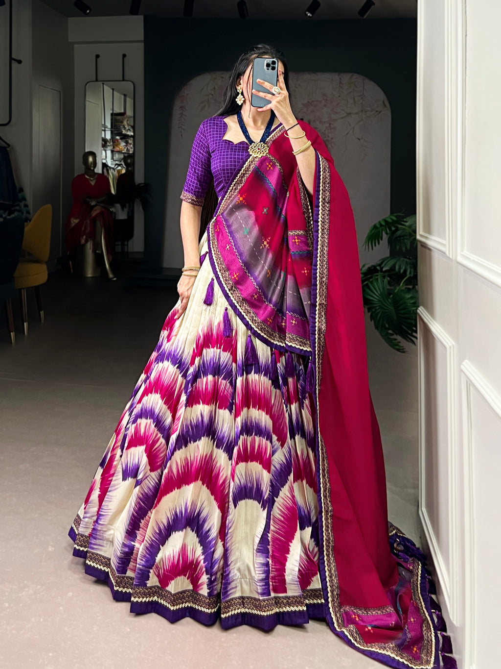Siri purple Tasar silk dye printed lehenga choli with dupatta