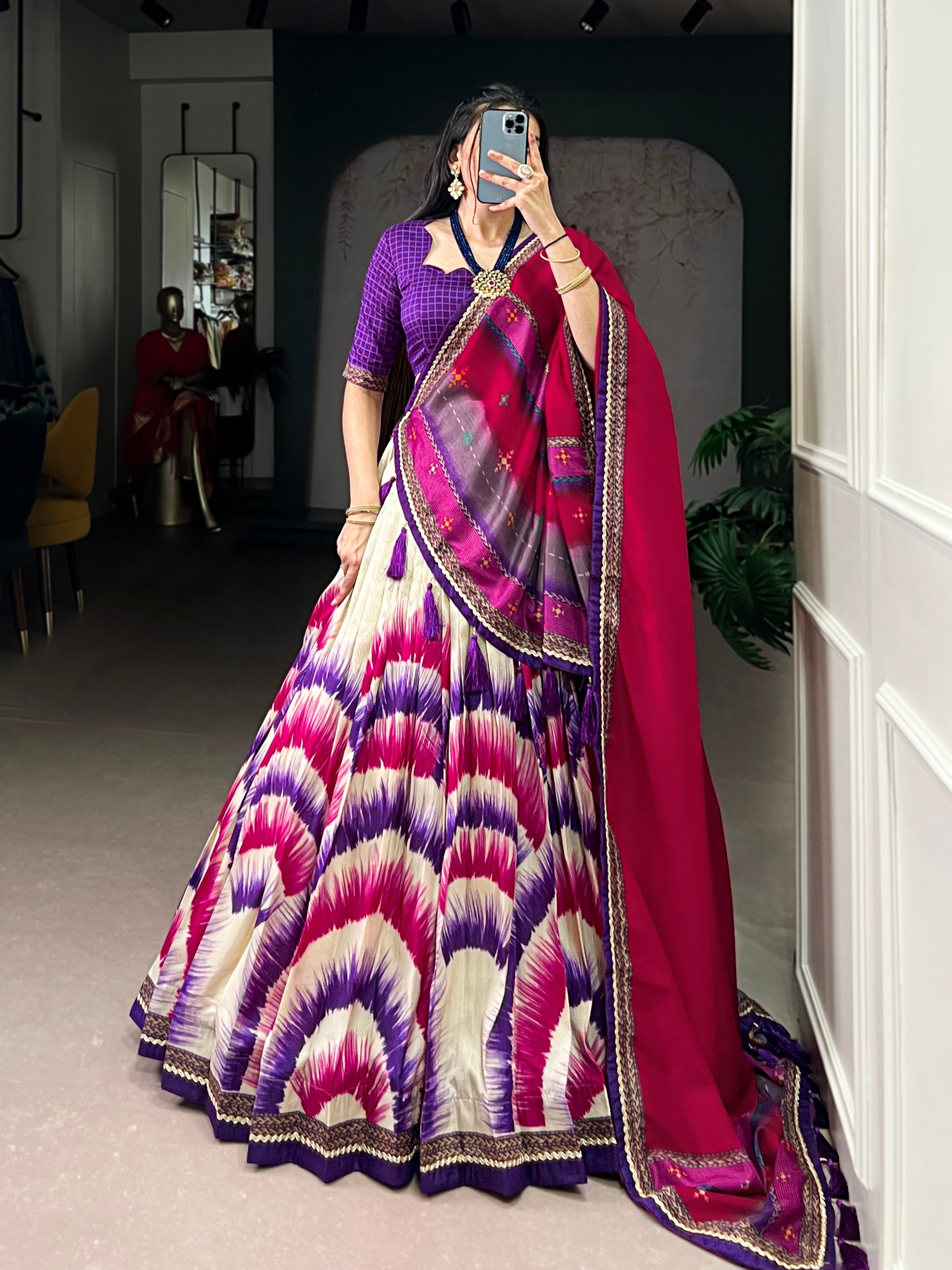 Siri purple Tasar silk dye printed lehenga choli with dupatta