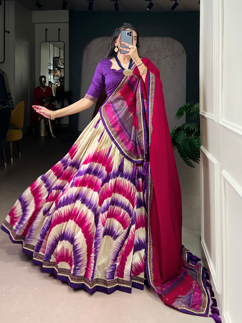 Siri purple Tasar silk dye printed lehenga choli with dupatta