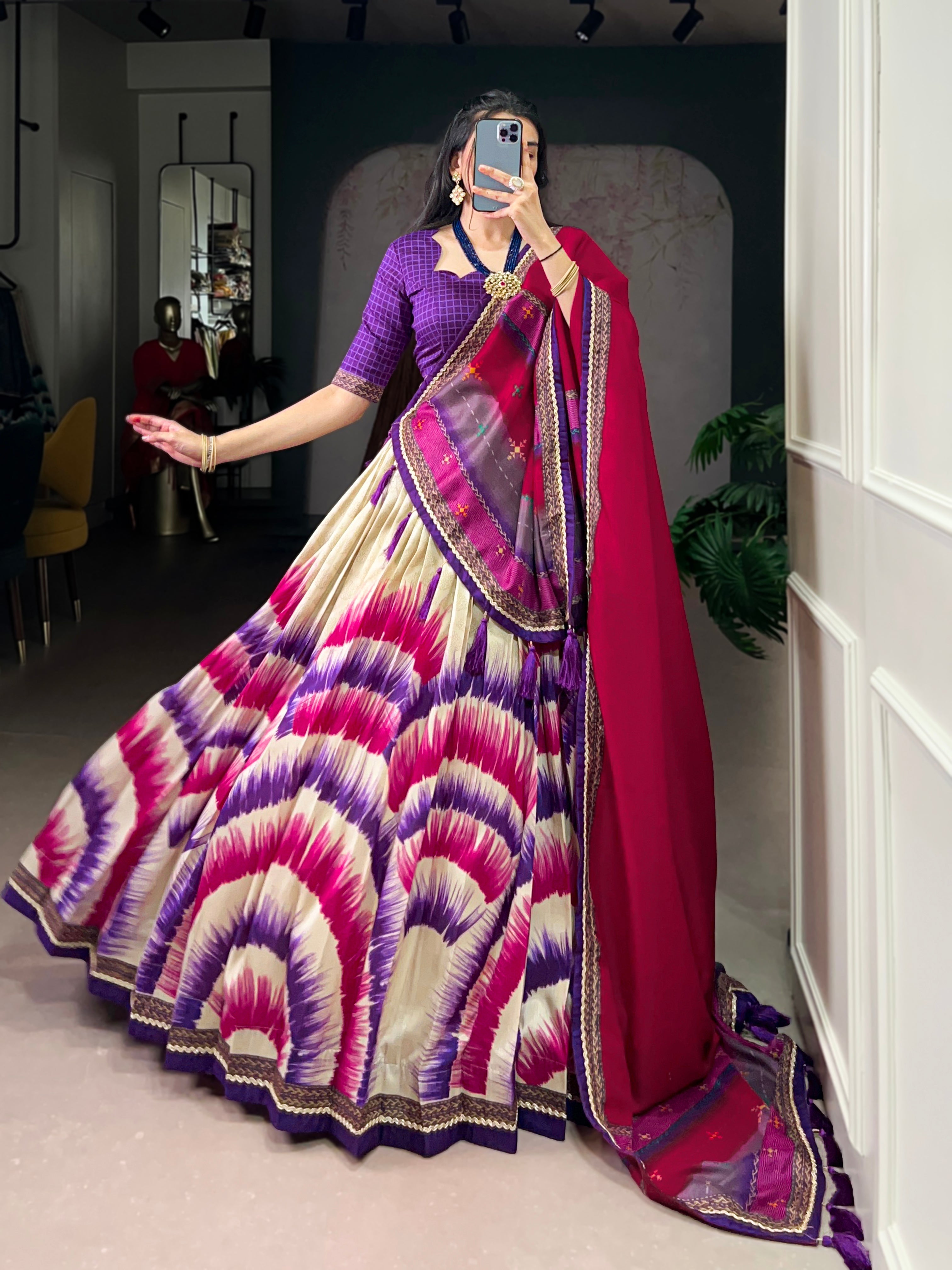 Siri purple Tasar silk dye printed lehenga choli with dupatta