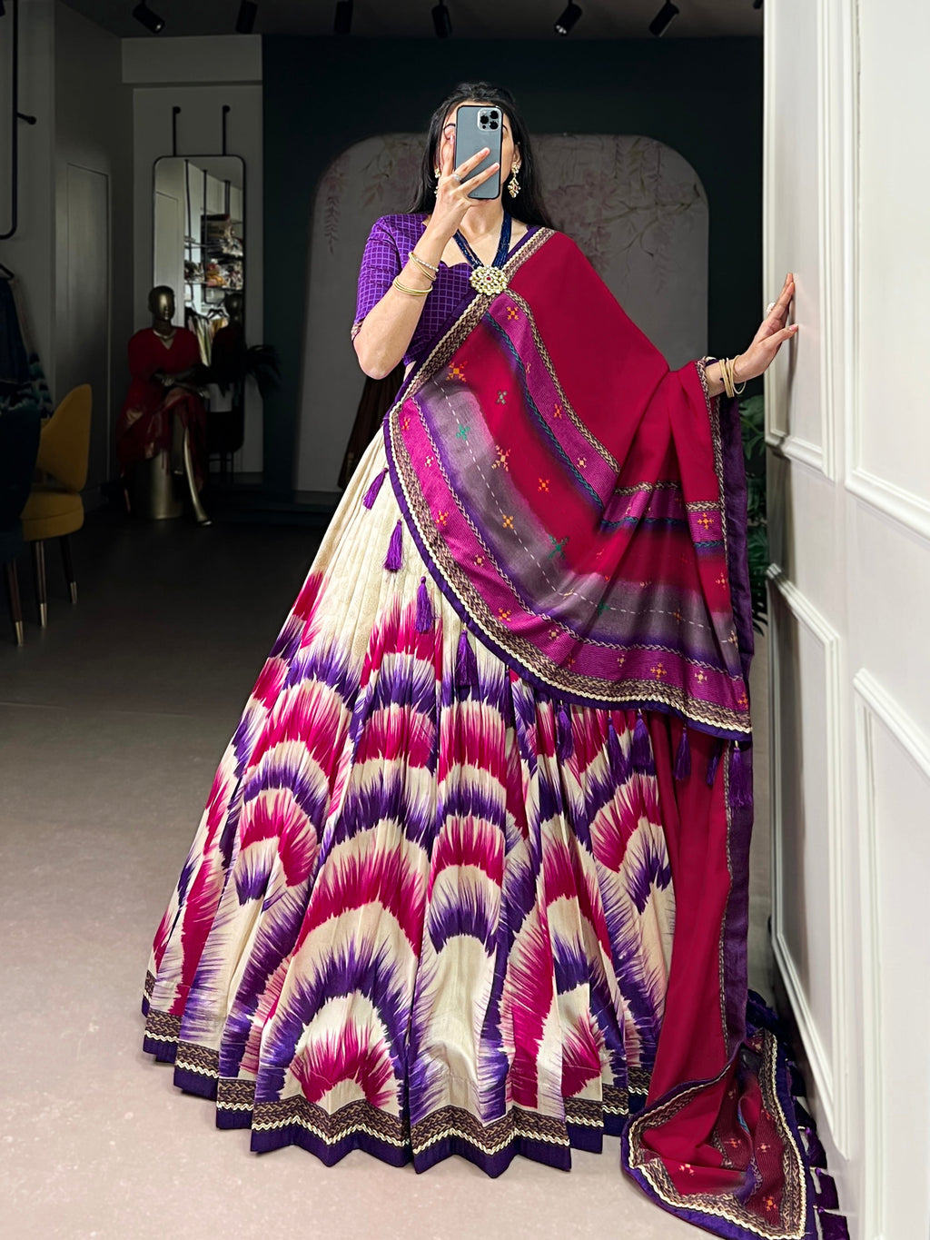 Siri purple Tasar silk dye printed lehenga choli with dupatta
