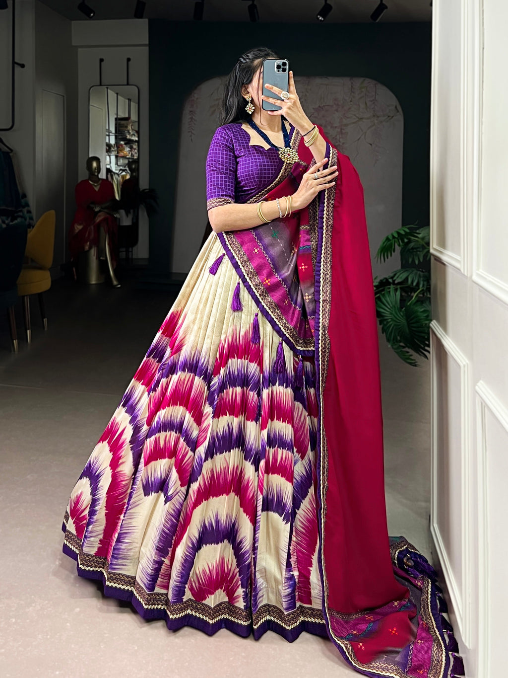 Siri purple Tasar silk dye printed lehenga choli with dupatta