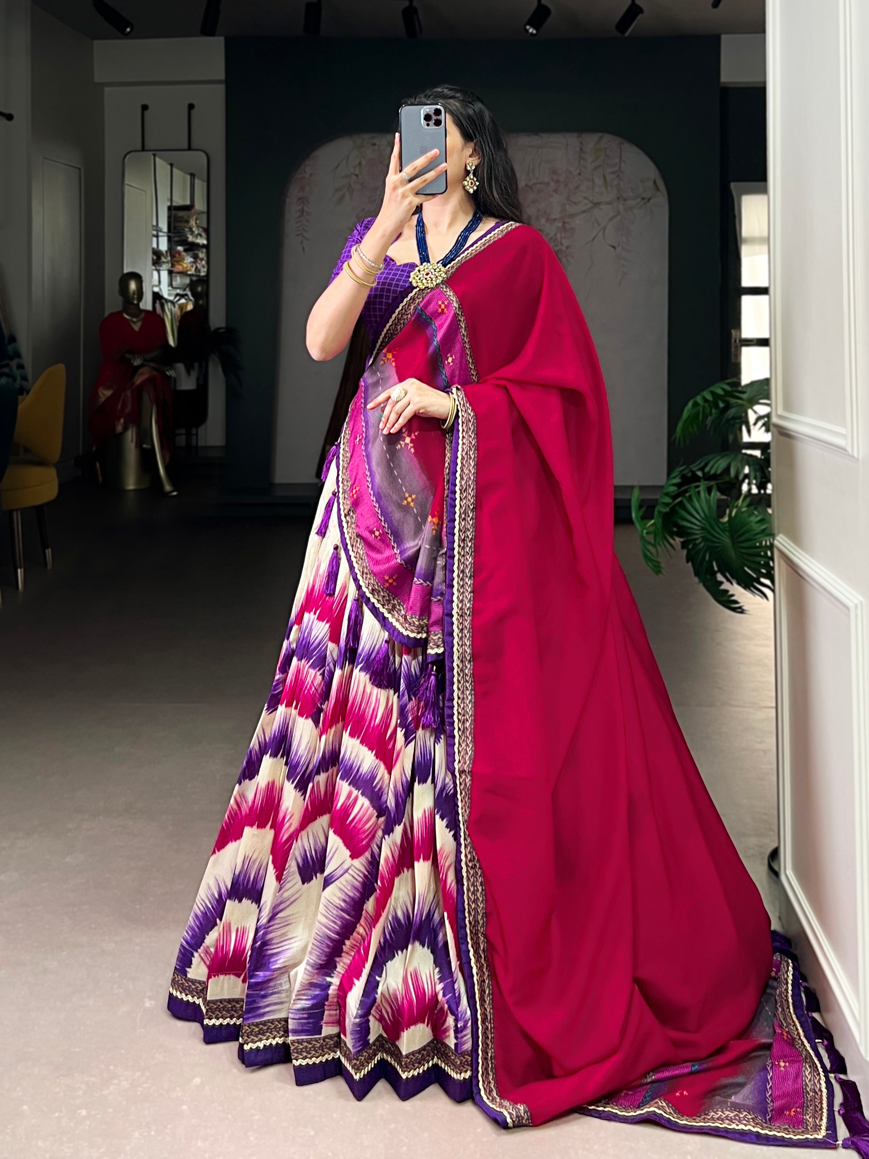Siri purple Tasar silk dye printed lehenga choli with dupatta
