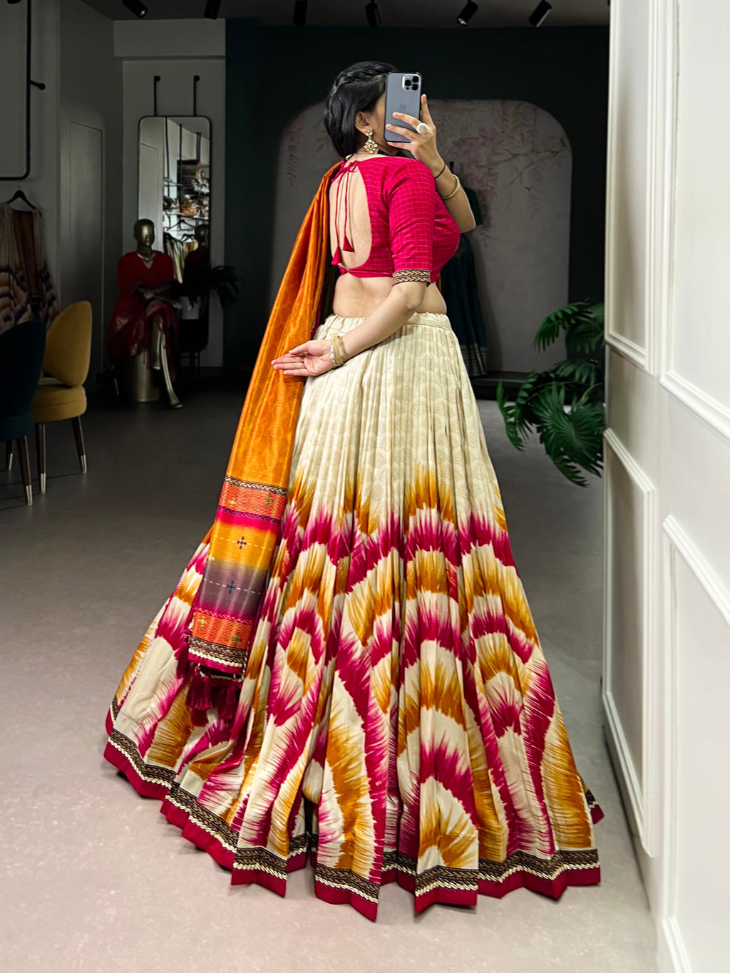 Siri red Tasar silk dye printed lehenga choli with dupatta