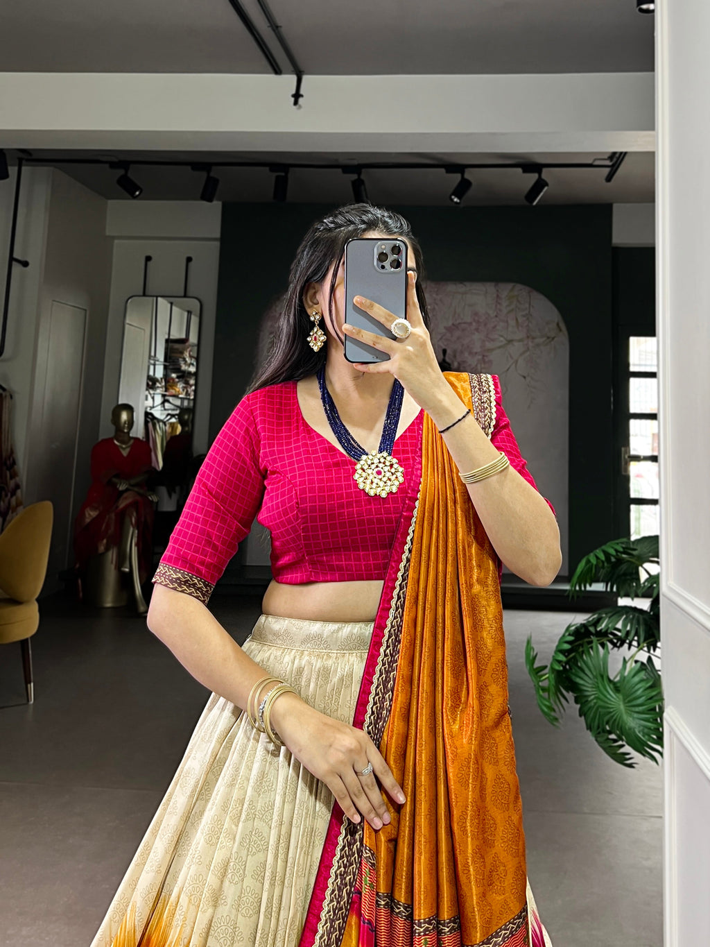 Siri red Tasar silk dye printed lehenga choli with dupatta