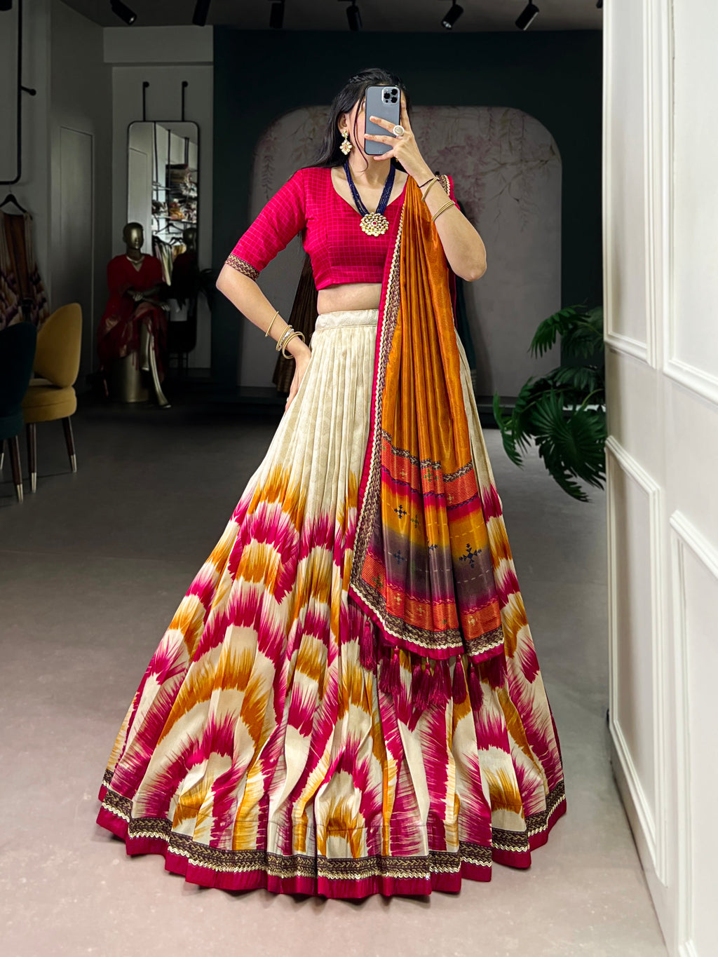 Siri red Tasar silk dye printed lehenga choli with dupatta
