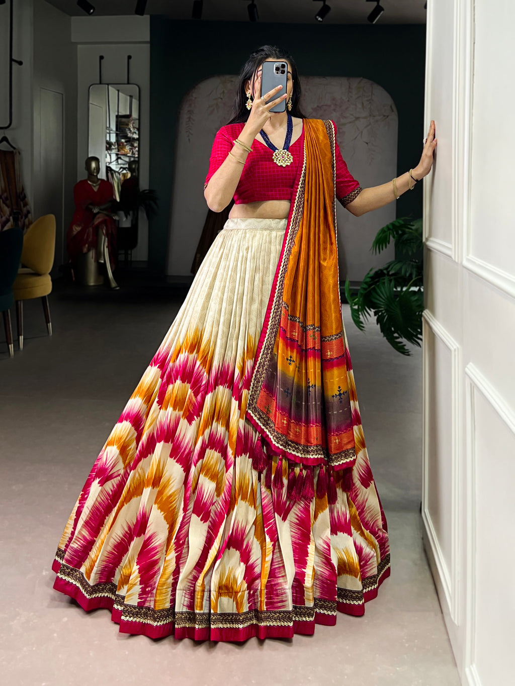 Siri red Tasar silk dye printed lehenga choli with dupatta