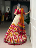 Siri red Tasar silk dye printed lehenga choli with dupatta