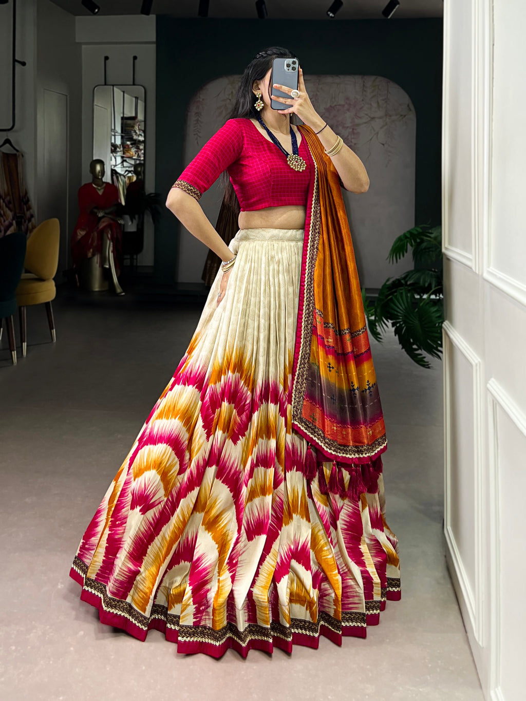 Siri red Tasar silk dye printed lehenga choli with dupatta