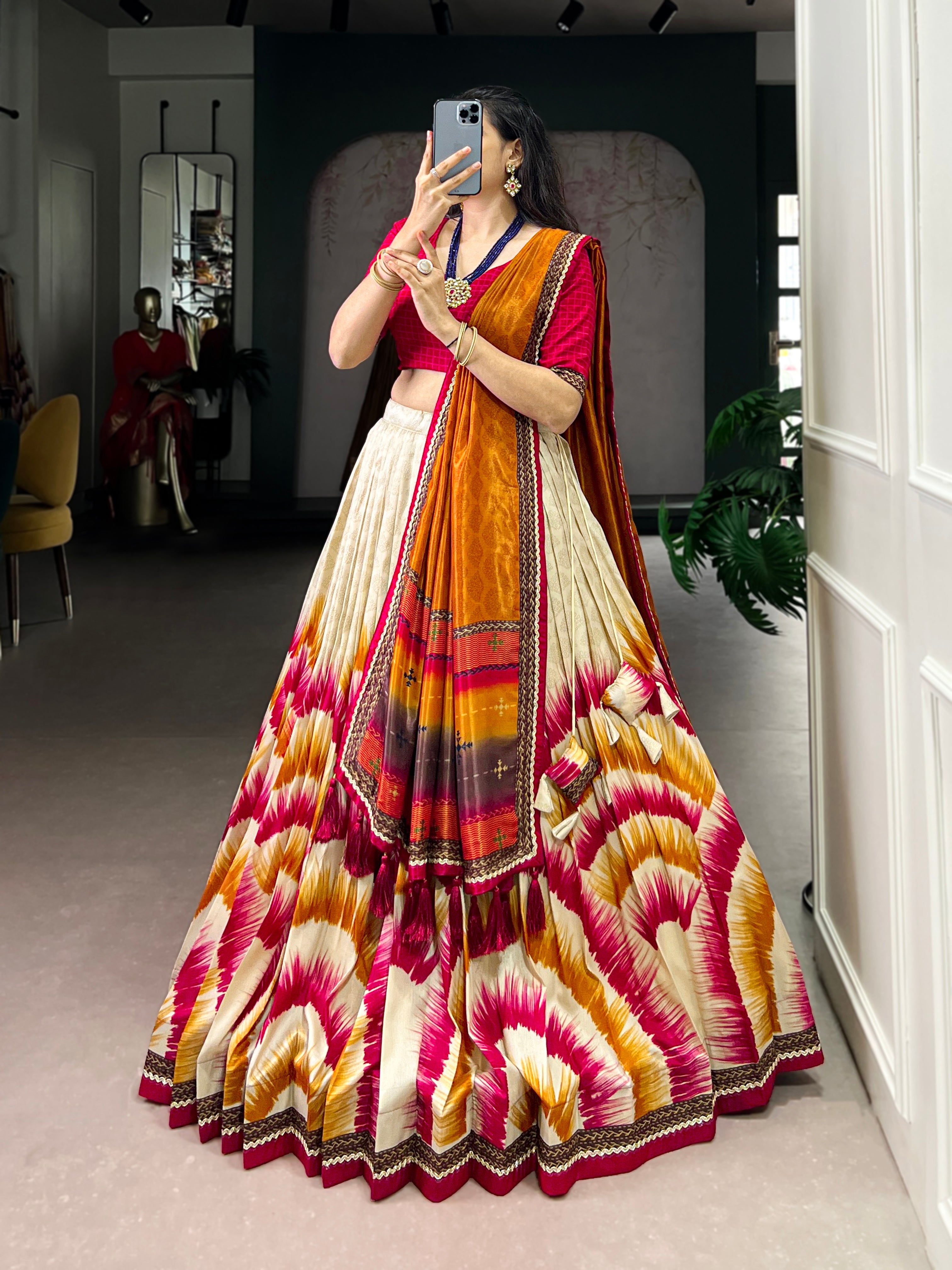 Siri red Tasar silk dye printed lehenga choli with dupatta