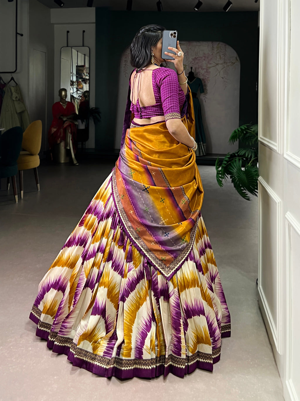 Siri wine Tasar silk dye printed lehenga choli with dupatta