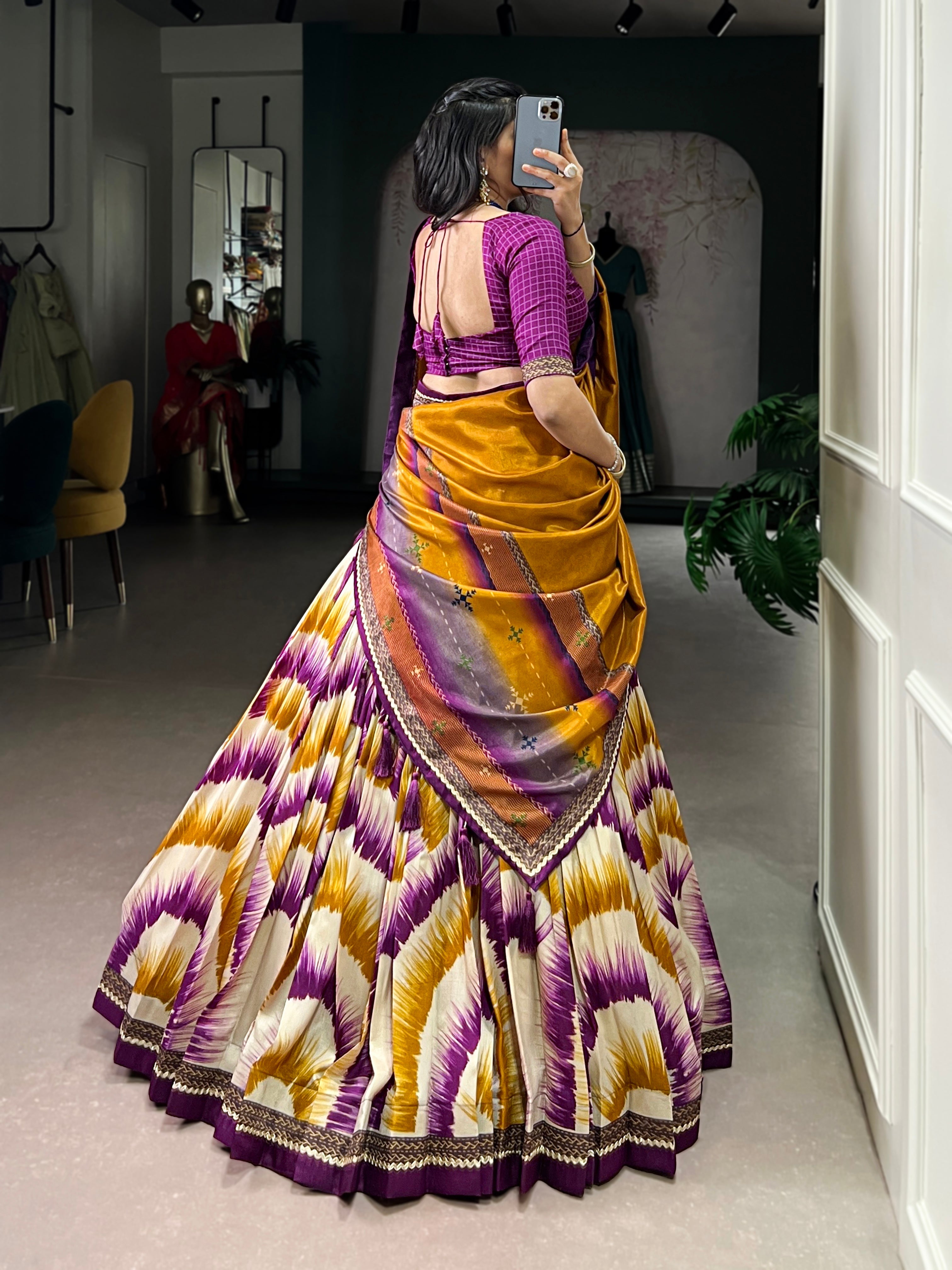 Siri wine Tasar silk dye printed lehenga choli with dupatta