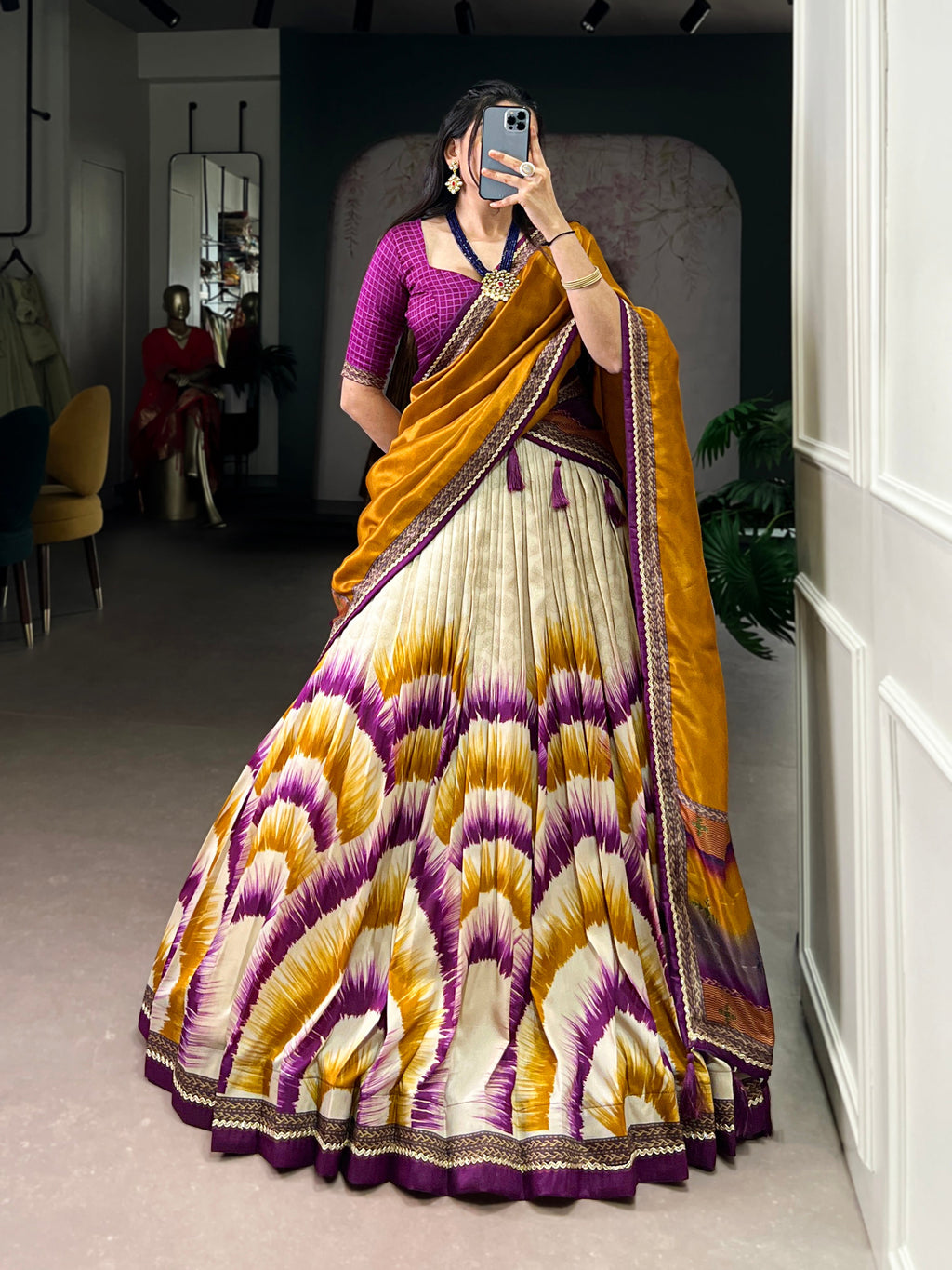 Siri wine Tasar silk dye printed lehenga choli with dupatta