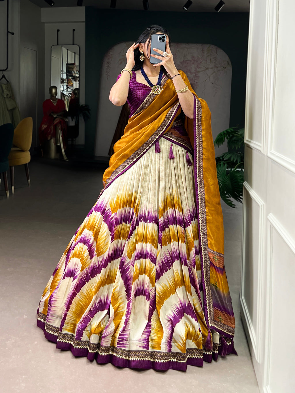 Siri wine Tasar silk dye printed lehenga choli with dupatta