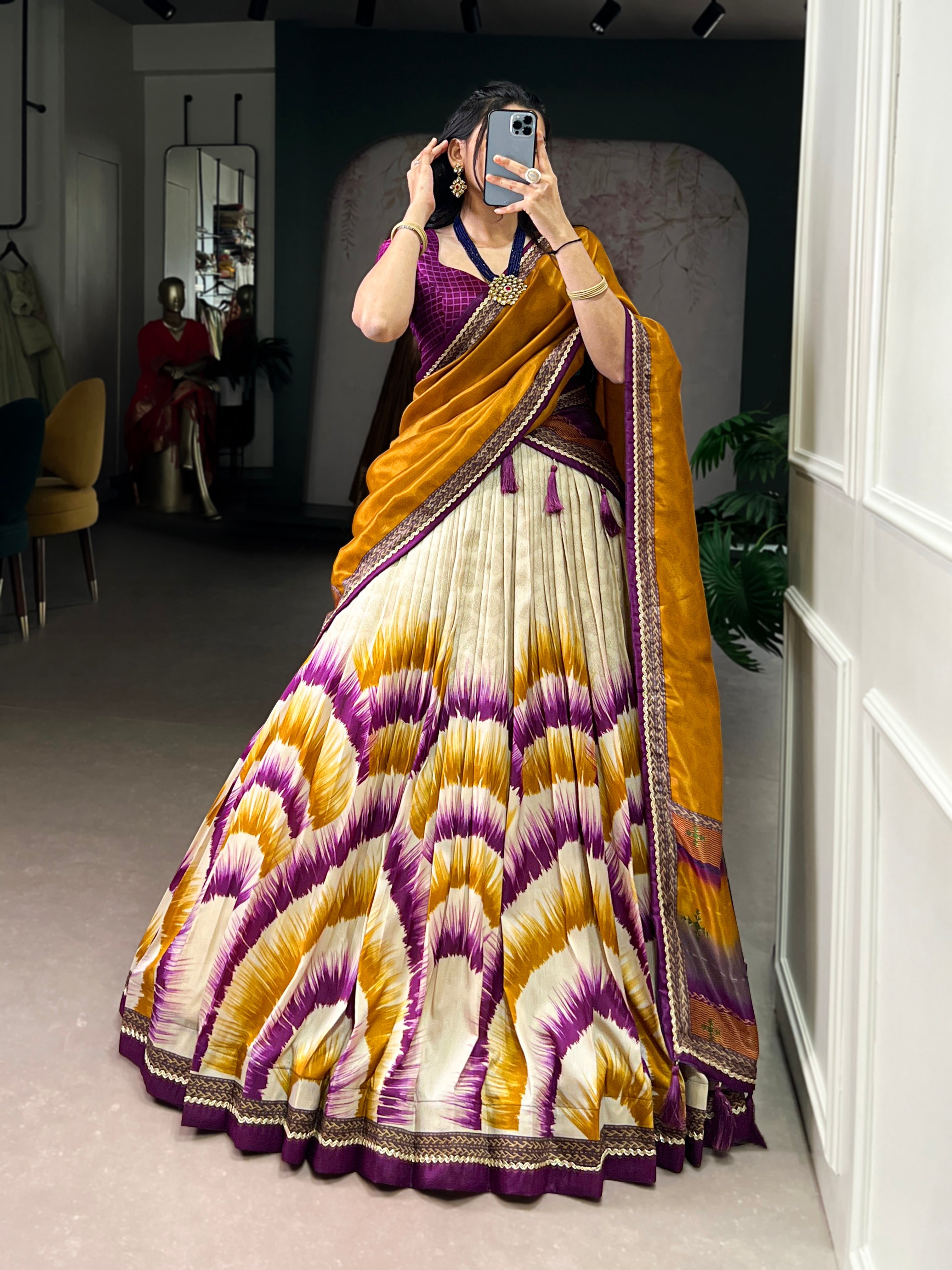 Siri wine Tasar silk dye printed lehenga choli with dupatta
